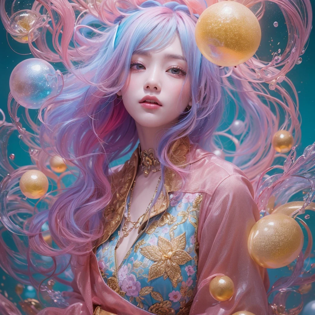 Goose pink blue color,enamel,agate,A flesh-colored world,Blood Blue Girl 32K(masterpiece,HD,Aoyama Pond,Ultra high quality,32)long flowing bright blue hair,blood pool,Ziddink, a color,Grumpy (After greeting), (Linen scarf), fighting stance, looking at the ground, Goose pink long hair, Floating bright blue, Fire cloud gold headdress, Chinese long-sleeved gold silk burgundy garment, (Abstract metaverse splash:1.2), White background,Peony flower vitality protector(粉realisticlying:1.4),bright purple hair,Smoke on the road,The background is very pure, high resolution, detail, RAW photos, Sharp Re, Nikon D850 film photo by Jefferies Lee 4 Kodak Portra 400 camera F1.6 guns, Rich pink shade, Ultra-realistic and vivid textures, dramatic lighting, Unreal Engine Art Station Trend, Sinest Powder 800,一个有着long flowing bright blue hair的女孩,Huge colorful bubbles鹅粉黄