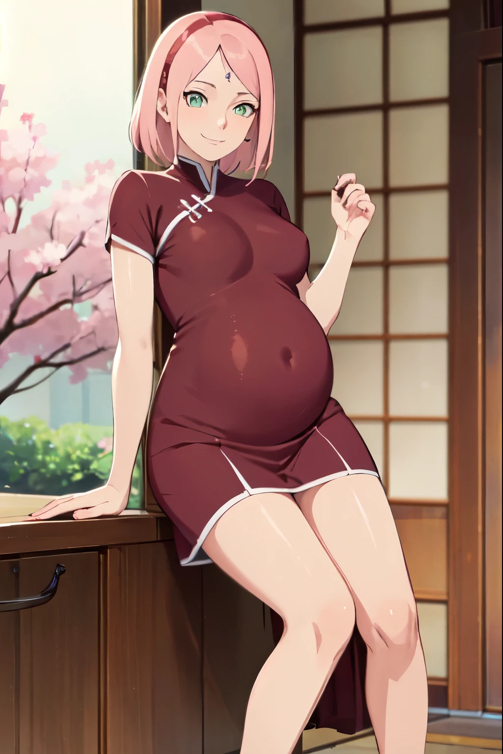 (medium:1.2,highres:1.1), detailed cherry blossoms, a young pregnant woman with rosy cheeks, small breasts, slender legs, and a beautiful smile