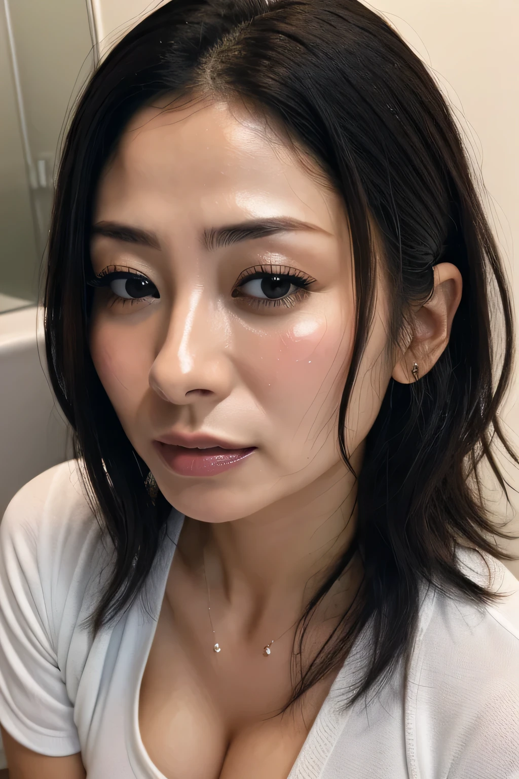 do, highest quality, (Highly detailed CG Unity 8k wallpaper), (highest quality),edge orgasm、faceフォーカス、woman with open mouth and closed eyes、woman with edge_face、30 years old、black hair、very small toilet、((Sweat) ),((Sweatで光る肌))((Sweatで光る鎖骨,Sweatで光るface)),（(Sweatだくの肌))((Sweatで濡れた肌)),