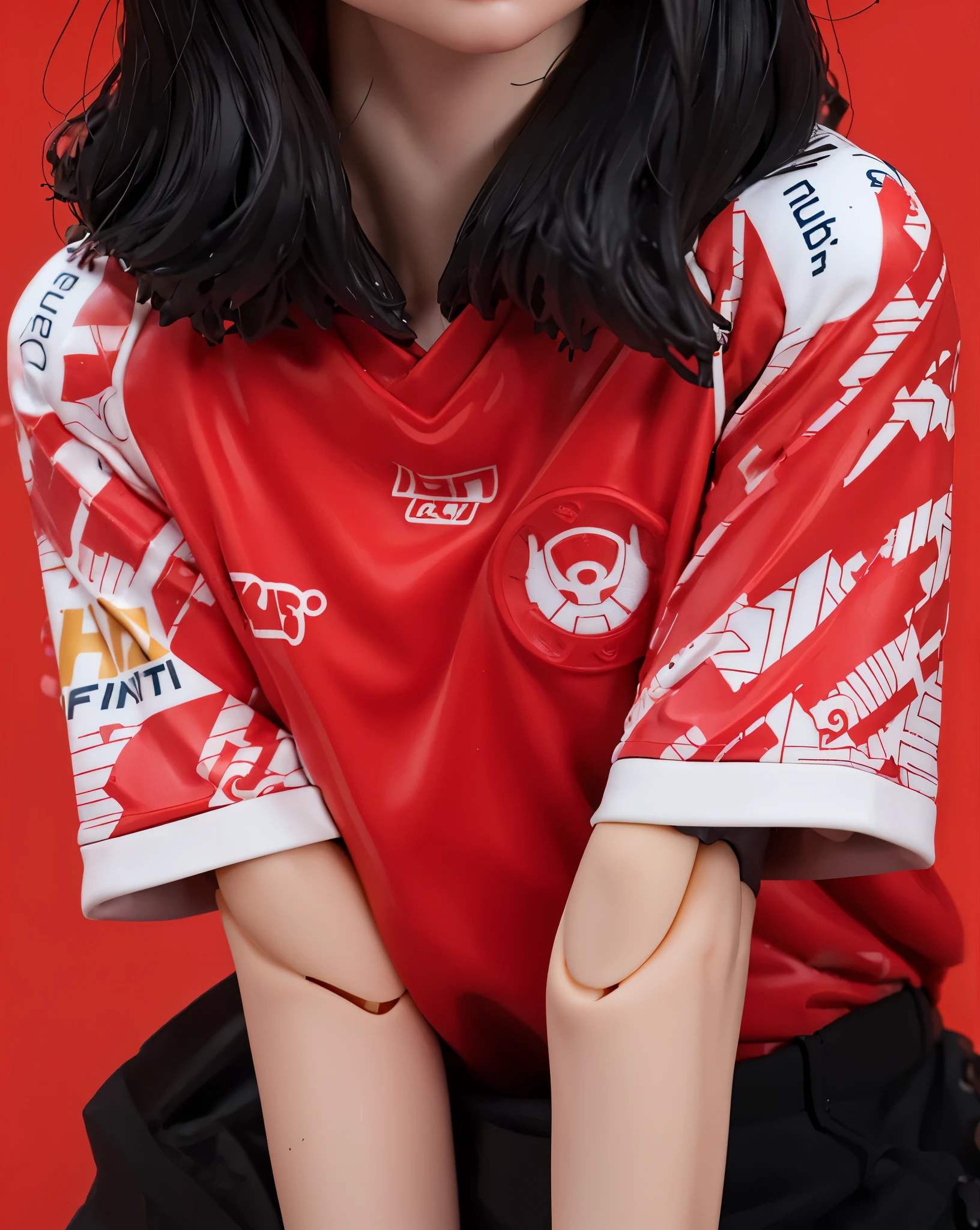A detailed face action figure, A girl Action figure, an action figure of a girl wearing a red jersey and black pants, cute face Action figure, kiss lips, cute lips, asian face action figure, resin skin, resin statue, toys, resin skin, simple background