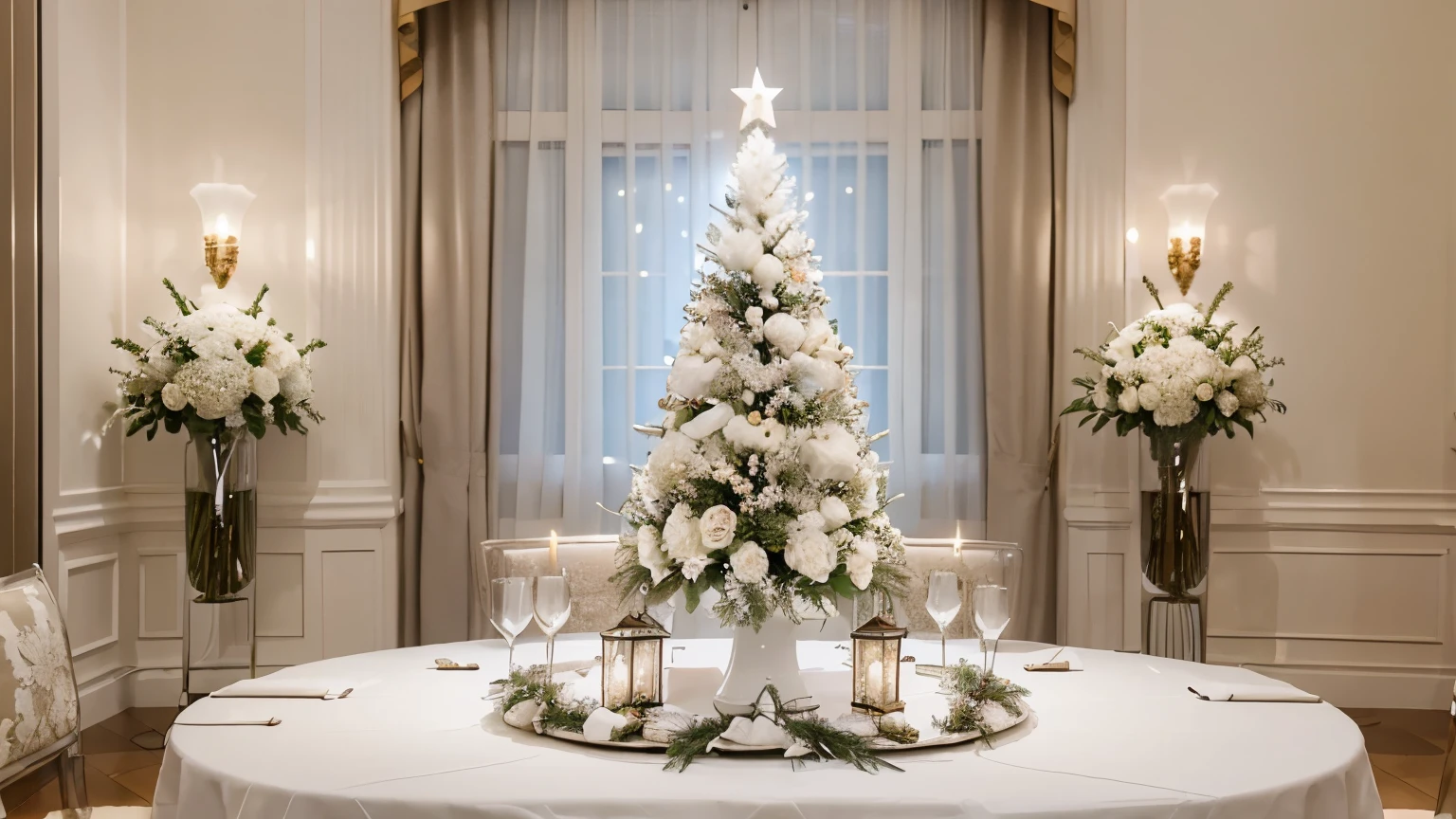 white christmas tree	table, decoration, wedding, interior, flowers, flower, room, vase, bouquet, home, design, christmas, decor, celebration, restaurant, living, event, setting, house, dinner, luxury, glass, reception, plate, gift