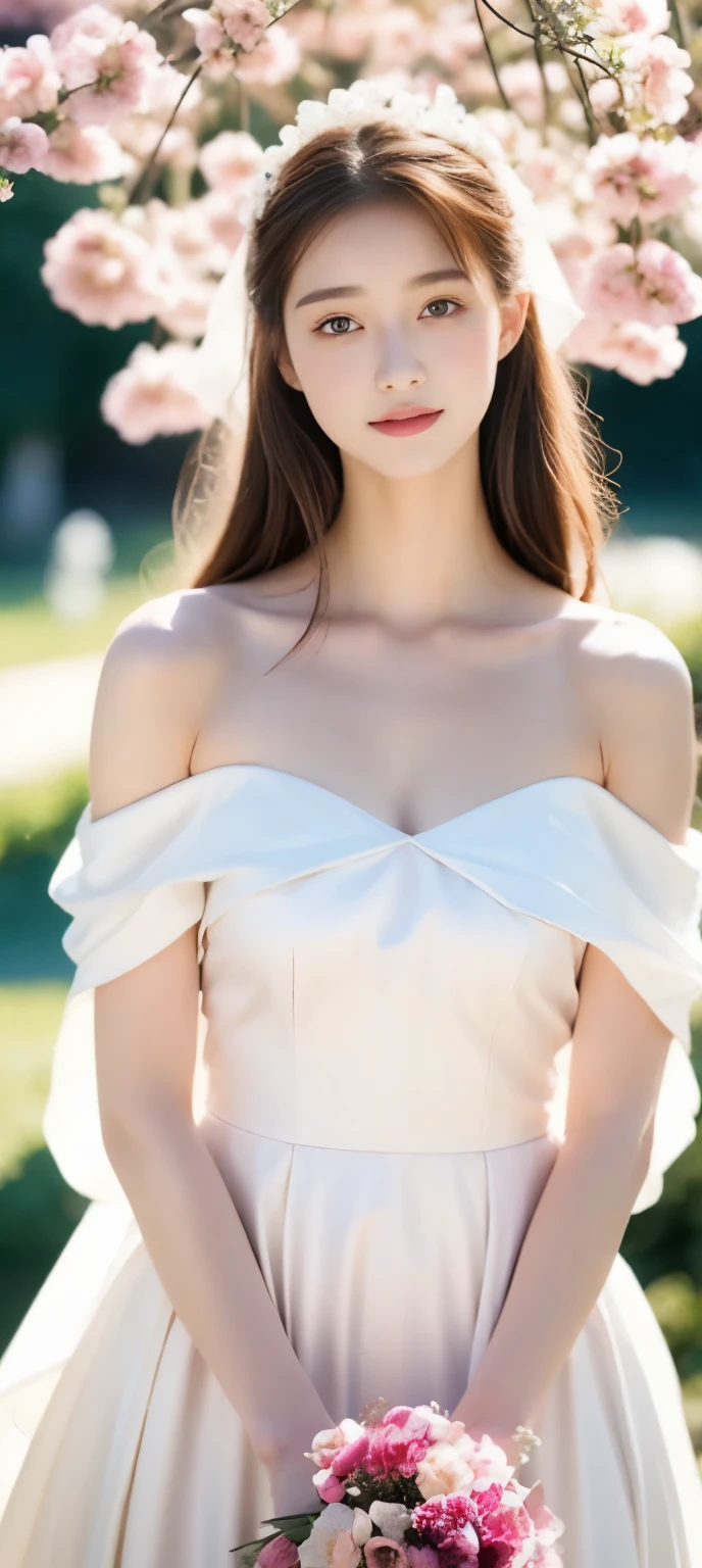 18-year-old girl,Beautiful looks,bouquet of flowers,Cherry tree,dream,romantic,pink tone,Short wedding dress,Strapless,Off the shoulders,Snow-white chest