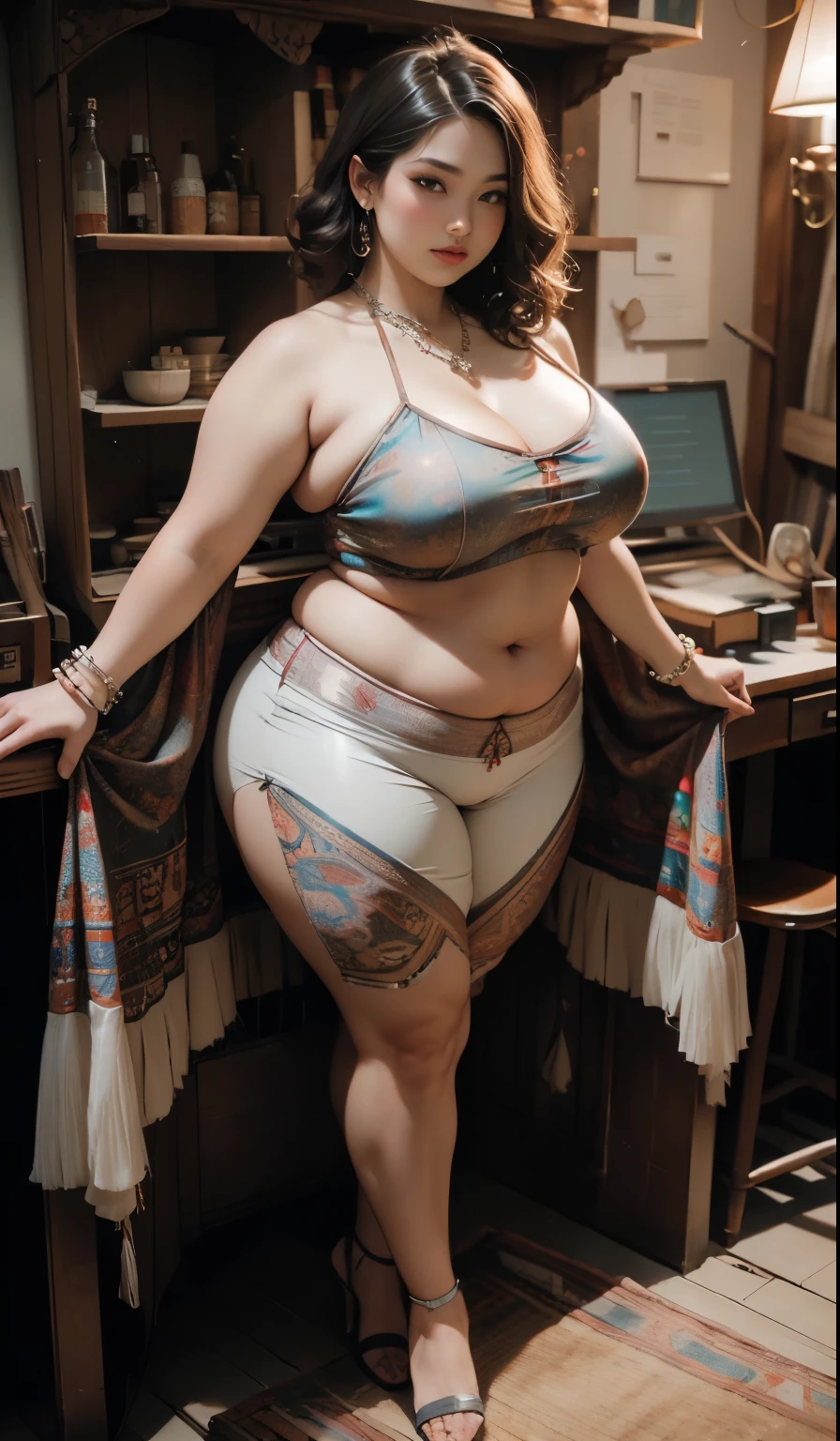 Indonesian woman, thick body, cold atmosphere , thick cheeks , full body , random pose, wavy short hair , thick hips, 40 years old , slightly fat arms , slightly fat belly , thick thighs pants, wearing bracelet ,wearing huge diamond necklace , watch , hena art on her skin, dark clothes , voluptuous and arousing, portrait shot, curvy model, voluptuous body, wonderful .