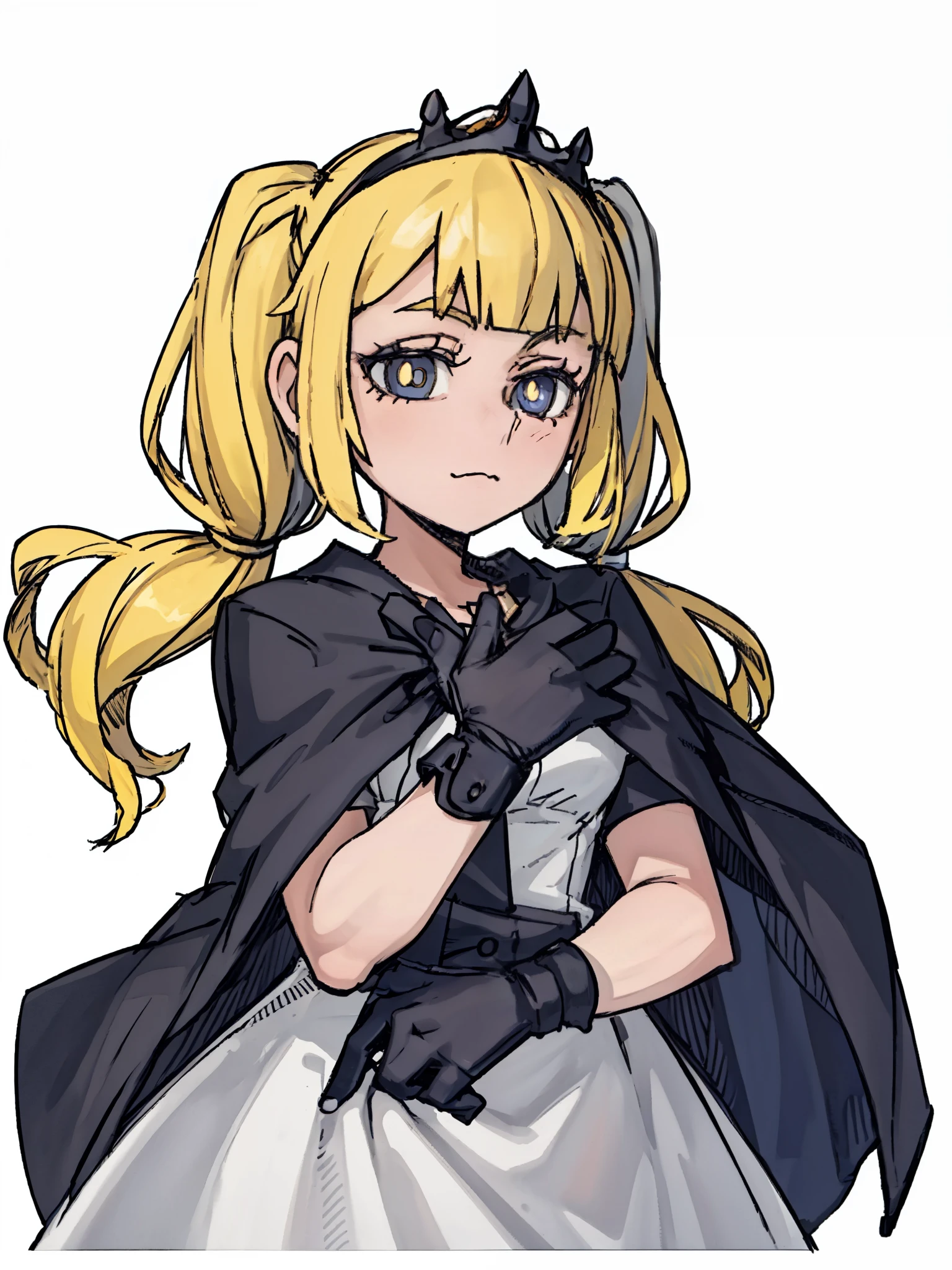 ((a girl,幼小Princess,8 year-old,high twintails,yellow hair,blond,blue pupils,Gray with white dress,)),front,Half body,Princess,cloak,Innocent and adorable,simple,Different world,middle Ages,White background