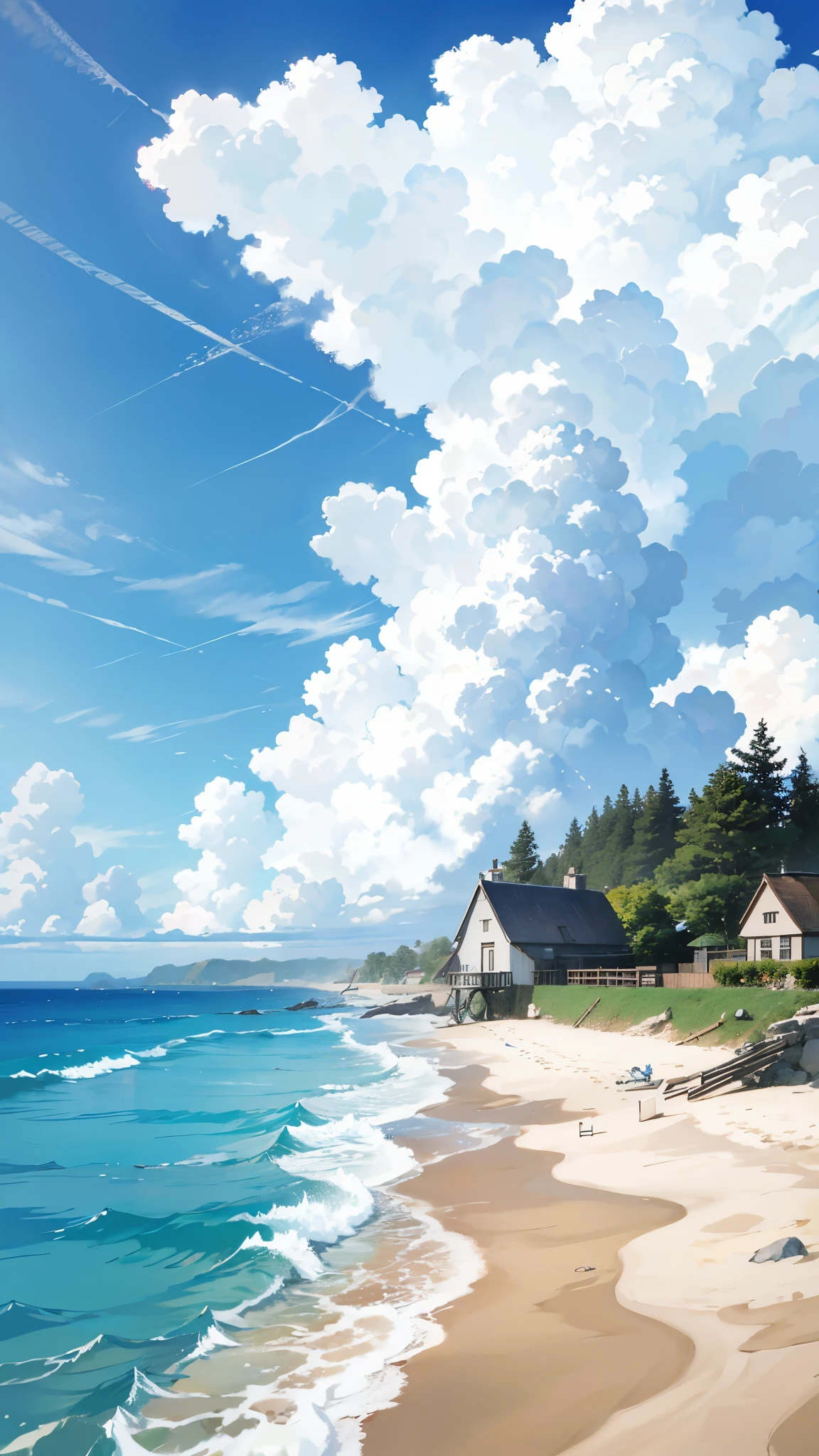 sea side cottage, clouds, tree near the cottage, cozy scene, anime