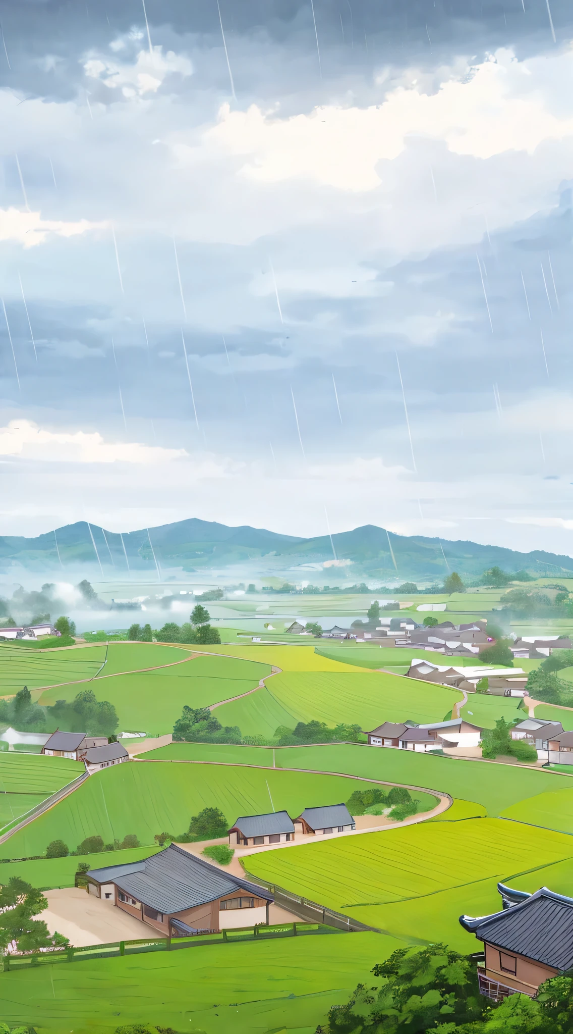 field painting,Distant village background,rain,Ching Ming Festival,cloudy day,swallow在空中飞翔,Housing complexes,farmland,foreground leaves,swallow