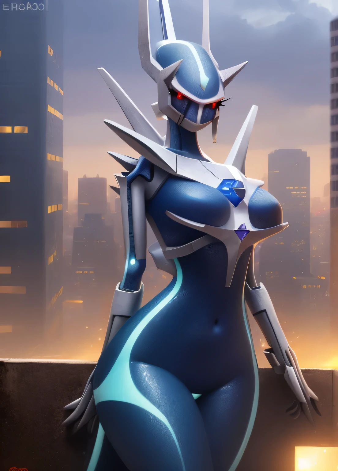 dialga, furry female, anthro, robotic, portrait, solo, (best quality), (detailed urban background:1.2), dramatic lighting, (detailed :1.1), looking at viewer,