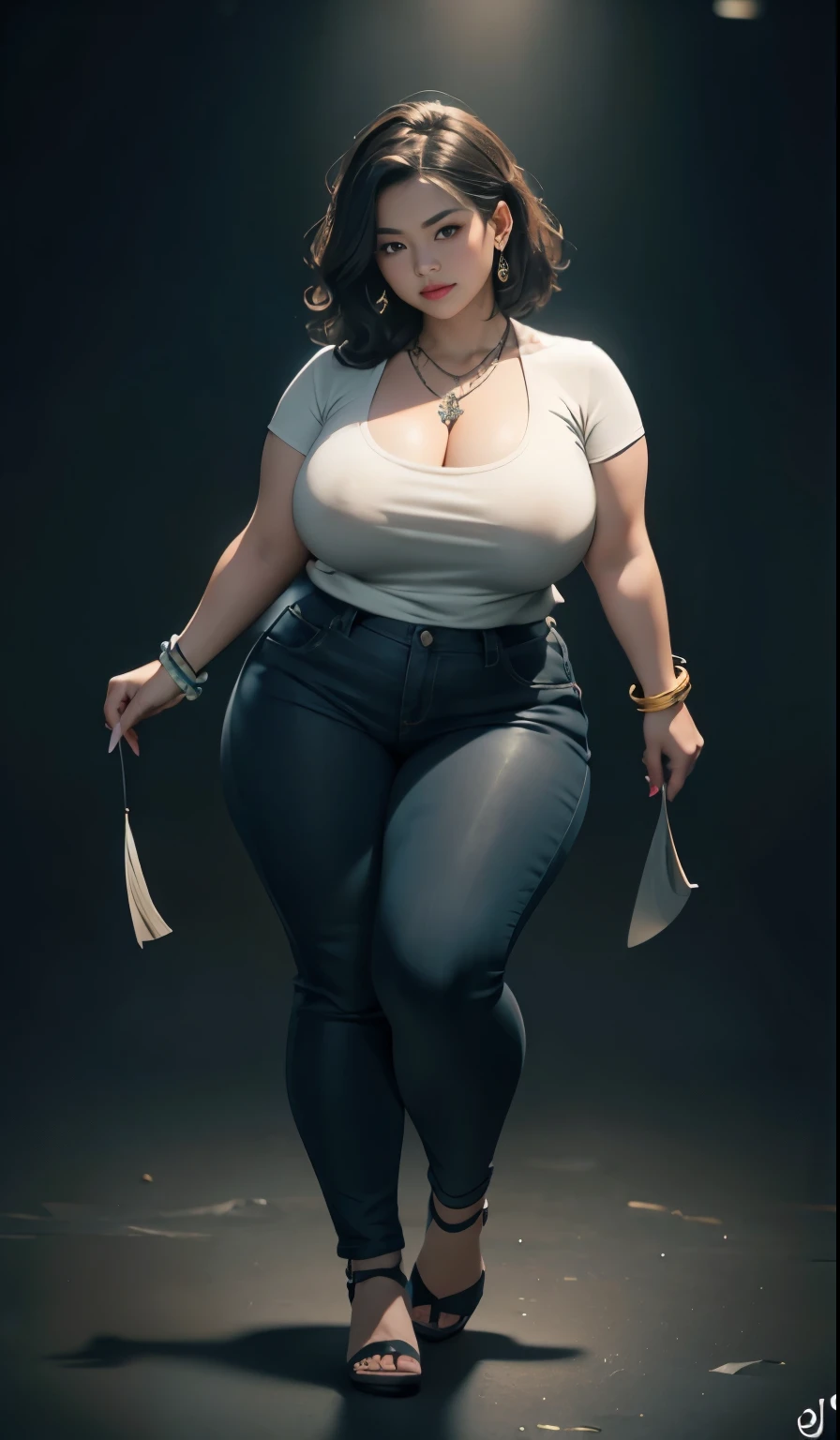 Indonesian woman, thick body, cold atmosphere , thick cheeks , full body , random pose, wavy short hair , thick hips, 40 years old , slightly fat arms , slightly fat belly , thick thighs pants, wearing bracelet ,wearing huge diamond necklace , watch , hena art on her skin, dark clothes , voluptuous and arousing, portrait shot, curvy model, voluptuous body, wonderful .