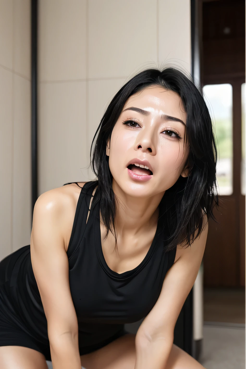 do, highest quality, (Highly detailed CG Unity 8k wallpaper), (highest quality),edge orgasm、faceフォーカス、woman with open mouth and closed eyes、woman with edge_face、30 years old、black hair、very small toilet、((Sweat) ),((Sweatで光る肌))((Sweatで光る鎖骨,Sweatで光るface)),（(Sweatだくの肌))((Sweatで濡れた肌)),