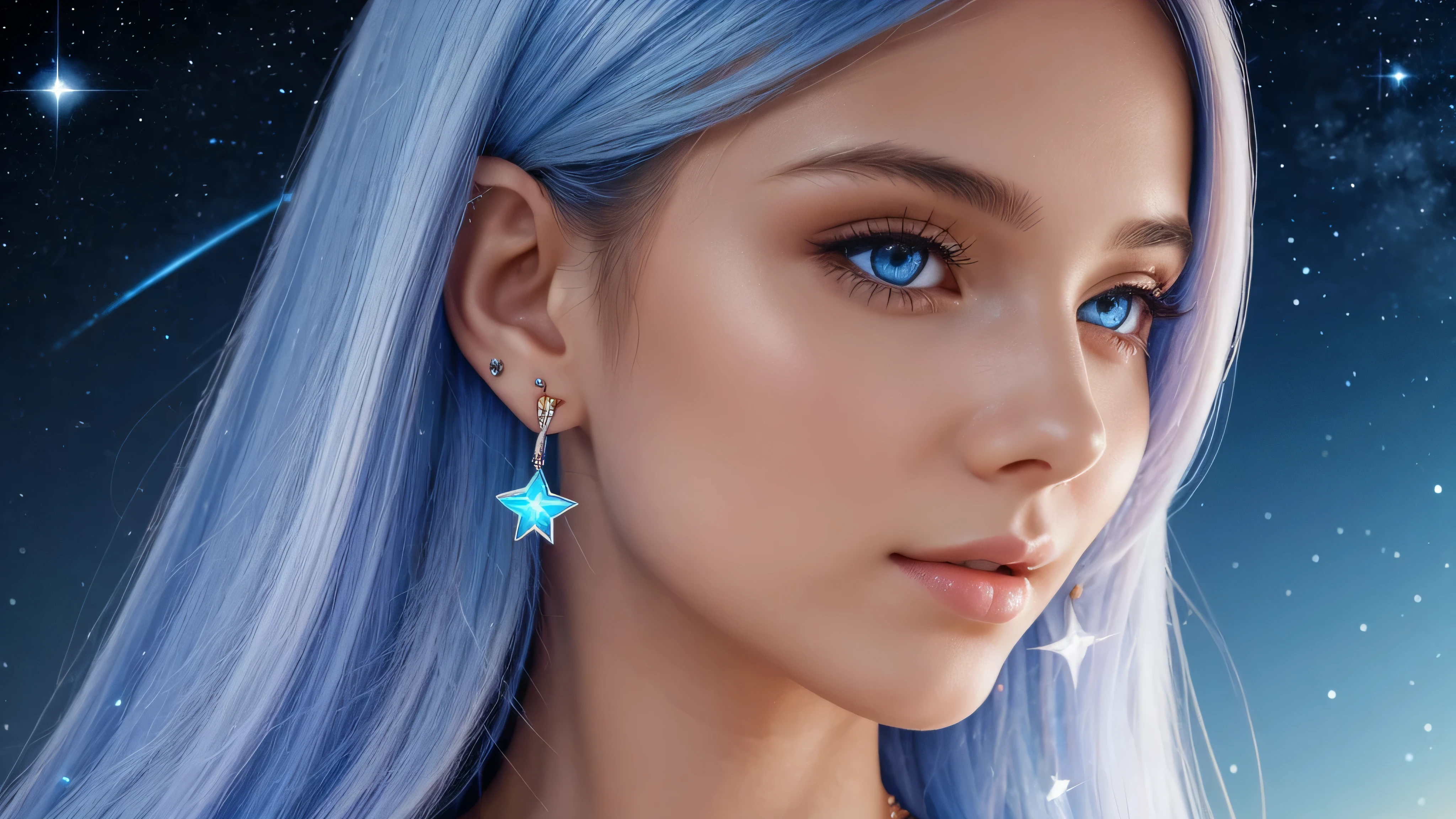 Beautiful realistic girl with BRIGHT WHITE-BLUE long hair ,Close-up of clean skin with detailed skin ,full length,in a short miniskirt,on an orange background ,Against the background of the starry sky,bright makeup,EARRINGS WITH GLITTERS,high quality,soft colors,