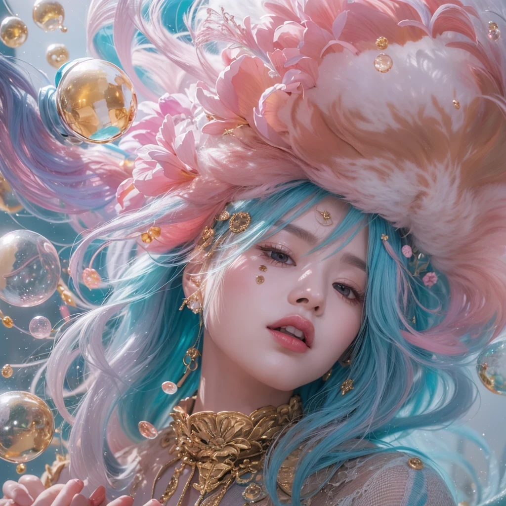 Goose pink blue color，enamel，agate，A flesh-colored world，Blood Blue Girl 32K（masterpiece，HD，Aoyama Pond，Ultra high quality，32）long flowing bright blue hair，blood pool，Ziddink， a color，Grumpy （After greeting）， （Linen scarf）， fighting stance， looking at the ground， Goose pink long hair， Floating bright blue， Fire cloud gold headdress， Chinese long-sleeved gold silk burgundy garment， （Abstract metaverse splash：1.2）， White background，Peony flower vitality protector（粉realisticlying：1.4），bright purple hair，Smoke on the road，The background is very pure， high resolution， detail， RAW photos， Sharp Re， Nikon D850 film photo by Jefferies Lee 4 Kodak Portra 400 camera F1.6 guns, Rich pink shade, Ultra-realistic and vivid textures, dramatic lighting, Unreal Engine Art Station Trend, Sinest Powder 800，一个有着long flowing bright blue hair的女孩，Huge colorful bubbles鹅粉黄