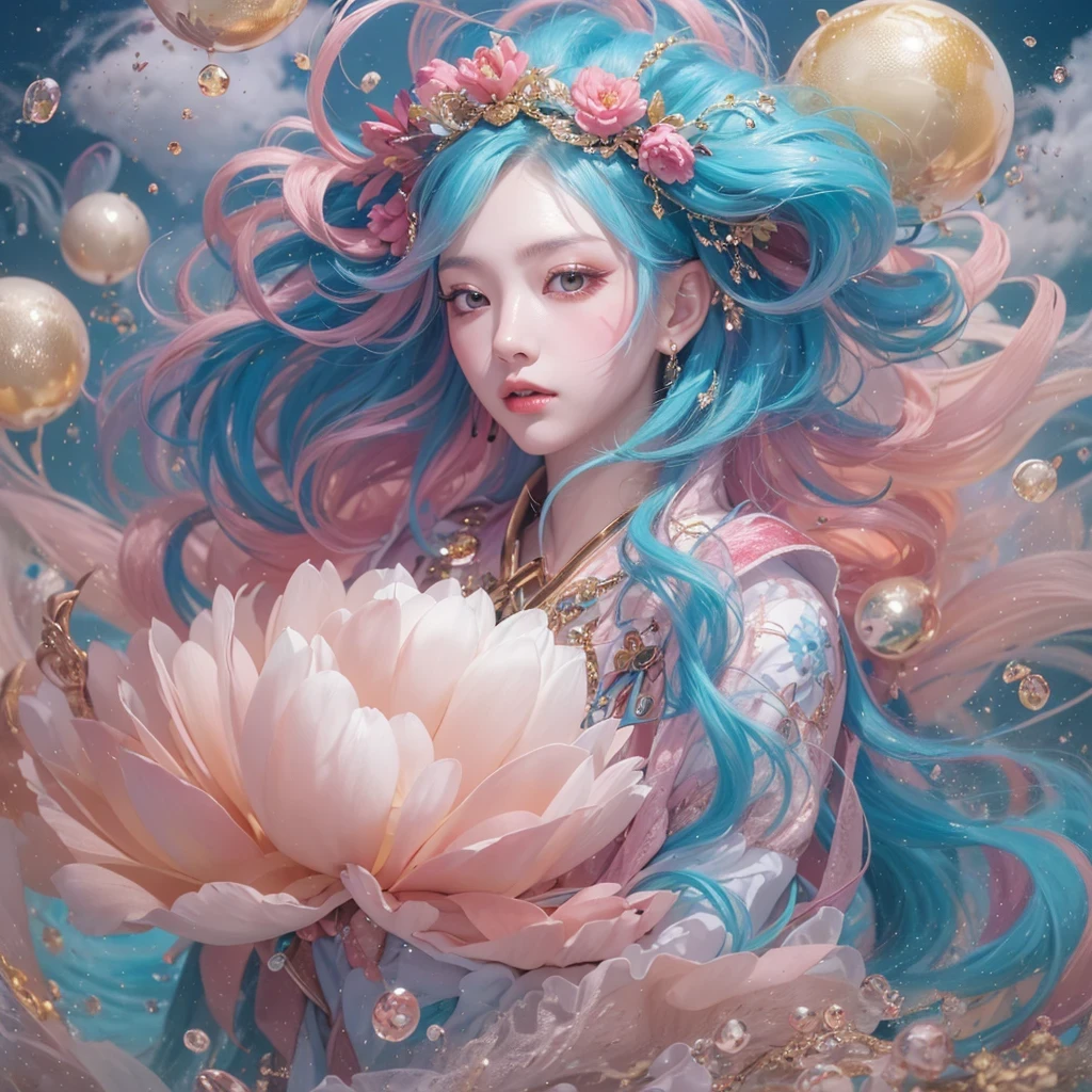 Goose pink blue color,enamel,agate,A flesh-colored world,Blood Blue Girl 32K(masterpiece,HD,Aoyama Pond,Ultra high quality,32)long flowing bright blue hair,blood pool,Ziddink, a color,Grumpy (After greeting), (Linen scarf), fighting stance, looking at the ground, Goose pink long hair, Floating bright blue, Fire cloud gold headdress, Chinese long-sleeved gold silk burgundy garment, (Abstract metaverse splash:1.2), White background,Peony flower vitality protector(粉realisticlying:1.4),bright purple hair,Smoke on the road,The background is very pure, high resolution, detail, RAW photos, Sharp Re, Nikon D850 film photo by Jefferies Lee 4 Kodak Portra 400 camera F1.6 guns, Rich pink shade, Ultra-realistic and vivid textures, dramatic lighting, Unreal Engine Art Station Trend, Sinest Powder 800,一个有着long flowing bright blue hair的女孩,Huge colorful bubbles鹅粉黄