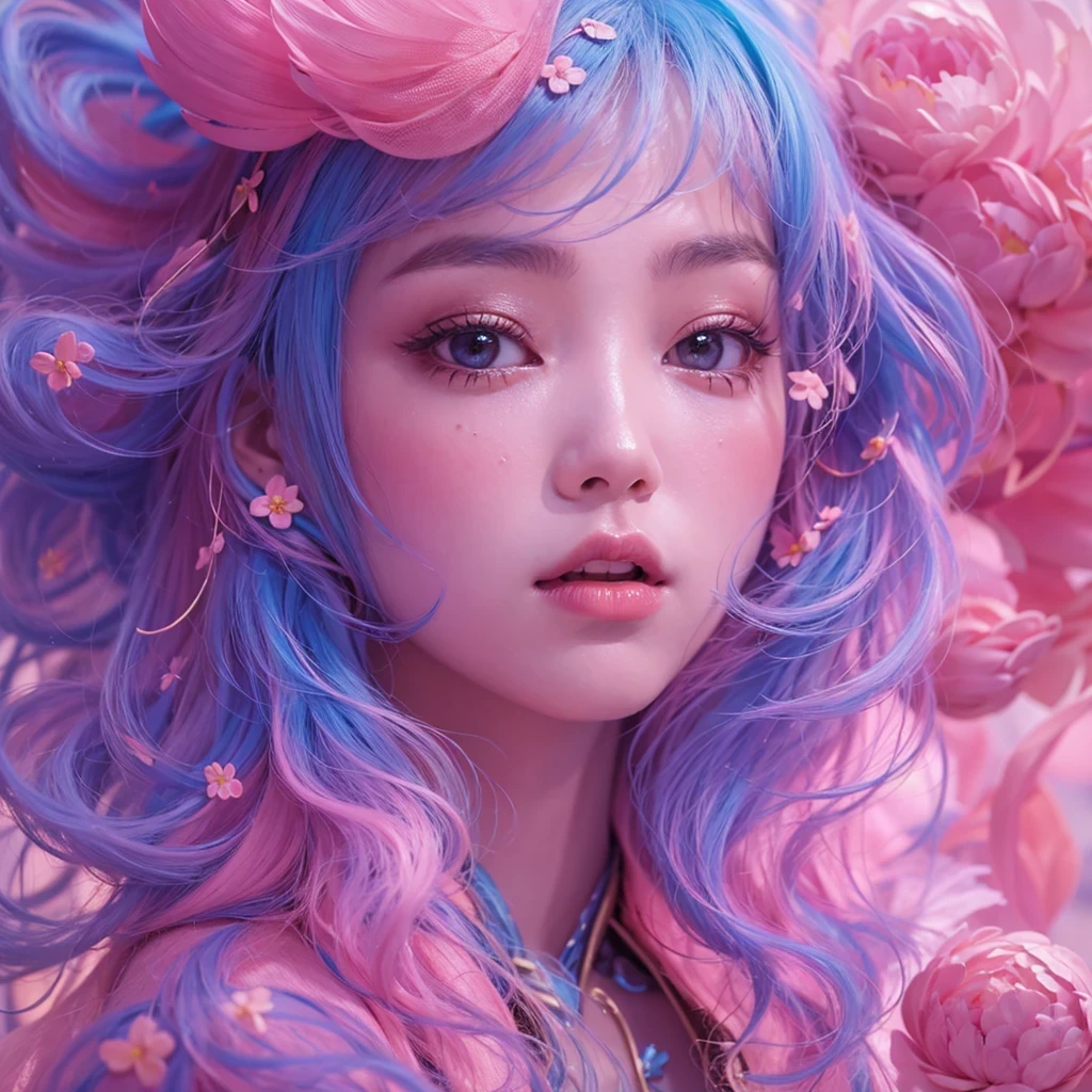 Goose pink blue color,enamel,agate,A flesh-colored world,Blood Blue Girl 32K(masterpiece,HD,Aoyama Pond,Ultra high quality,32)long flowing bright blue hair,blood pool,Ziddink, a color,Grumpy (After greeting), (Linen scarf), fighting stance, looking at the ground, Goose pink long hair, Floating bright blue, Fire cloud gold headdress, Chinese long-sleeved gold silk burgundy garment, (Abstract metaverse splash:1.2), White background,Peony flower vitality protector(粉realisticlying:1.4),bright purple hair,Smoke on the road,The background is very pure, high resolution, detail, RAW photos, Sharp Re, Nikon D850 film photo by Jefferies Lee 4 Kodak Portra 400 camera F1.6 guns, Rich pink shade, Ultra-realistic and vivid textures, dramatic lighting, Unreal Engine Art Station Trend, Sinest Powder 800,一个有着long flowing bright blue hair的女孩,Huge colorful bubbles鹅粉黄