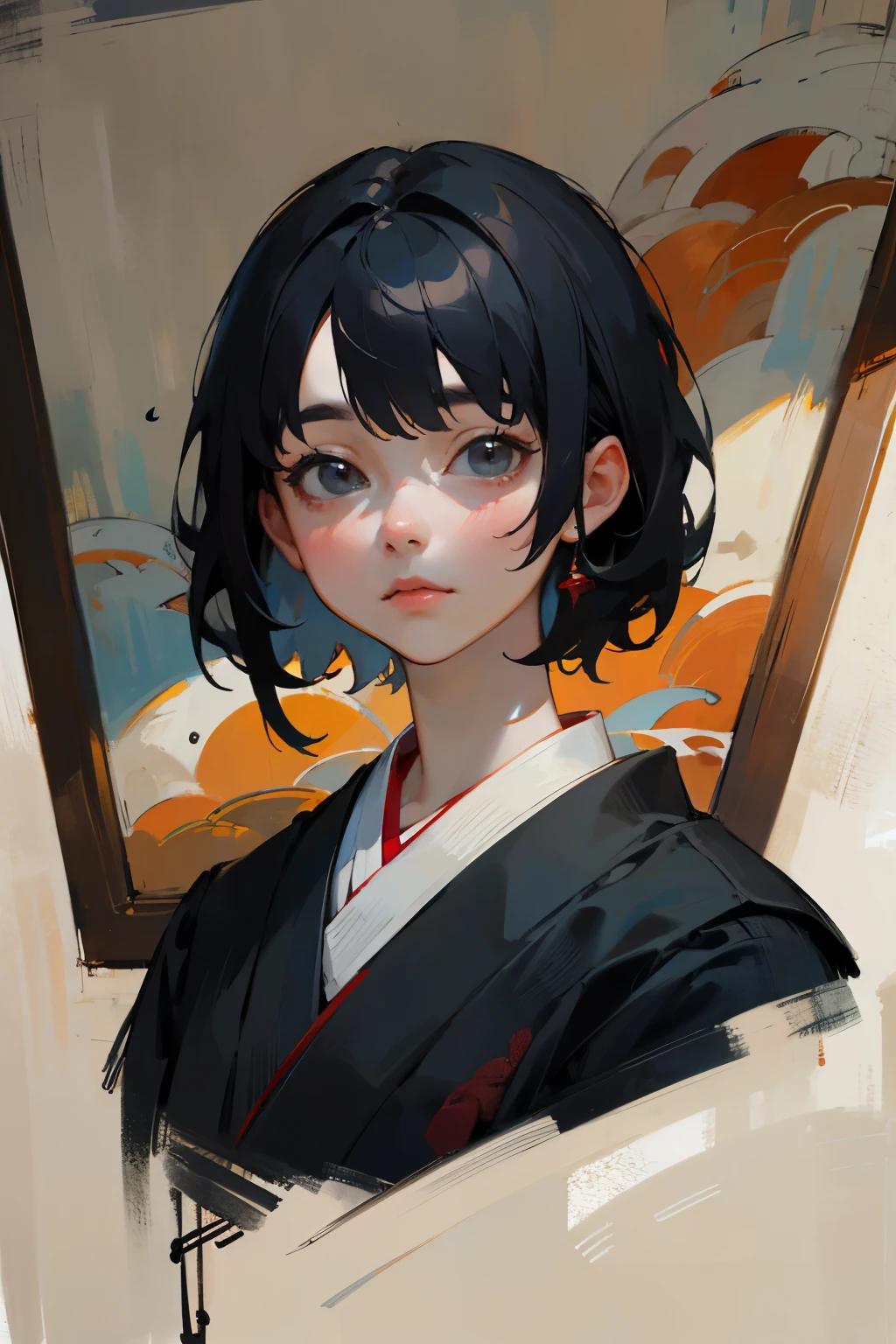 Self-portrait oil painting, Beautiful with short, black hair, Japanese face, Wear school clothes, 8k