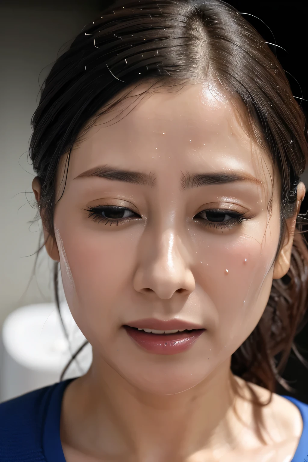 Beautiful Japanese actresses,(photo Realistic:1.4), (hyper Realistic:1.4), (Realistic:1.3),Very detailed, Edge Orgasm,face Focus, Woman with open mouth and closed eyes , Edgy Woman _face、Age 35、Black-haired、 News anchor、Very small toilet,((Sweat)),((skin shining with Sweat))((Clabrasion glistening with Sweat,face shining with Sweat)),（(Sweaty skin))((Sweaty skin)),Sitting on the toilet floor、