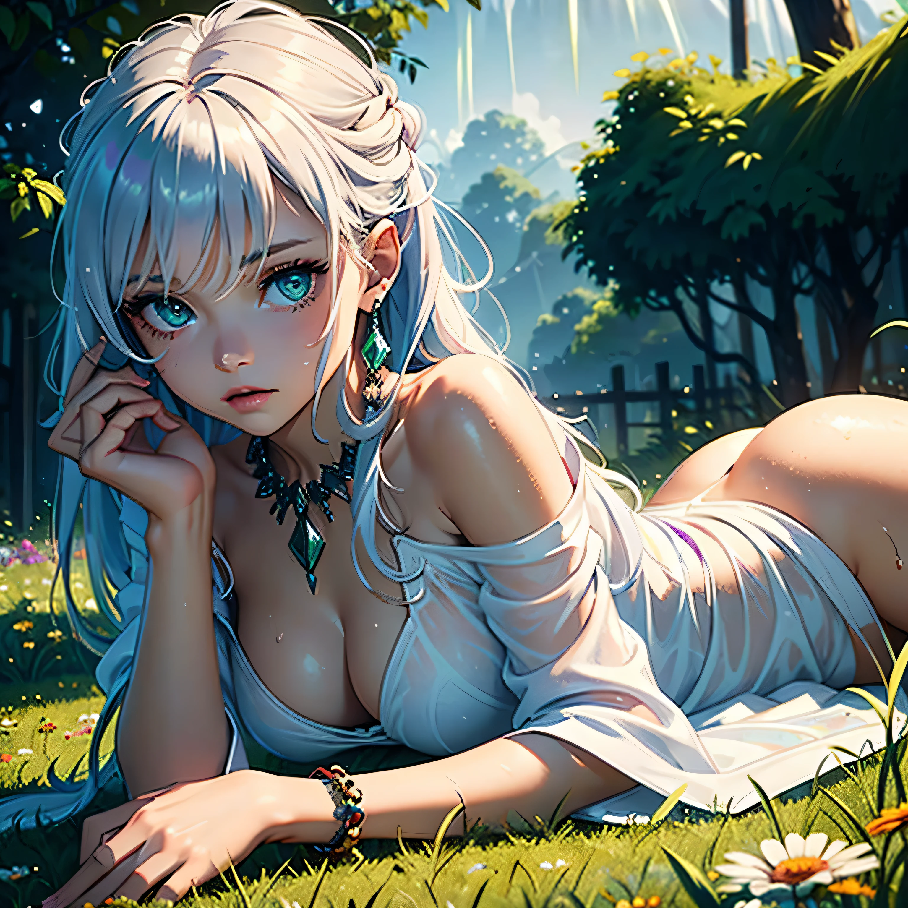 intricate, high detail,masterpiece, best quality, 1girl, in a grass field, afternoon rain, rainbow, wet skin, laying on stomach, looking at viewer, thin white silk clothes, arch back, clothes off shoulder, wet clothes, very long hair, rainbow hair, bright green eyes, flowers in hair, many necklace, bracelet, earrings, fantasy mist, unicorns in background, dramatic lighting, dynamic pose