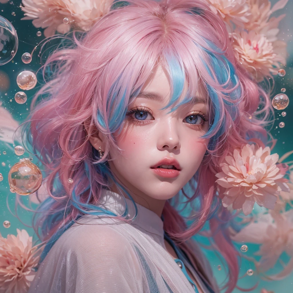 Goose pink blue color,enamel,agate,A flesh-colored world,Blood Blue Girl 32K(masterpiece,HD,Aoyama Pond,Ultra high quality,32)long flowing bright blue hair,blood pool,Ziddink, a color,Grumpy (After greeting), (Linen scarf), fighting stance, looking at the ground, Goose pink long hair, Floating bright blue, Fire cloud gold headdress, Chinese long-sleeved gold silk burgundy garment, (Abstract metaverse splash:1.2), White background,Peony flower vitality protector(粉realisticlying:1.4),bright purple hair,Smoke on the road,The background is very pure, high resolution, detail, RAW photos, Sharp Re, Nikon D850 film photo by Jefferies Lee 4 Kodak Portra 400 camera F1.6 guns, Rich pink shade, Ultra-realistic and vivid textures, dramatic lighting, Unreal Engine Art Station Trend, Sinest Powder 800,一个有着long flowing bright blue hair的女孩,Huge colorful bubbles鹅粉黄