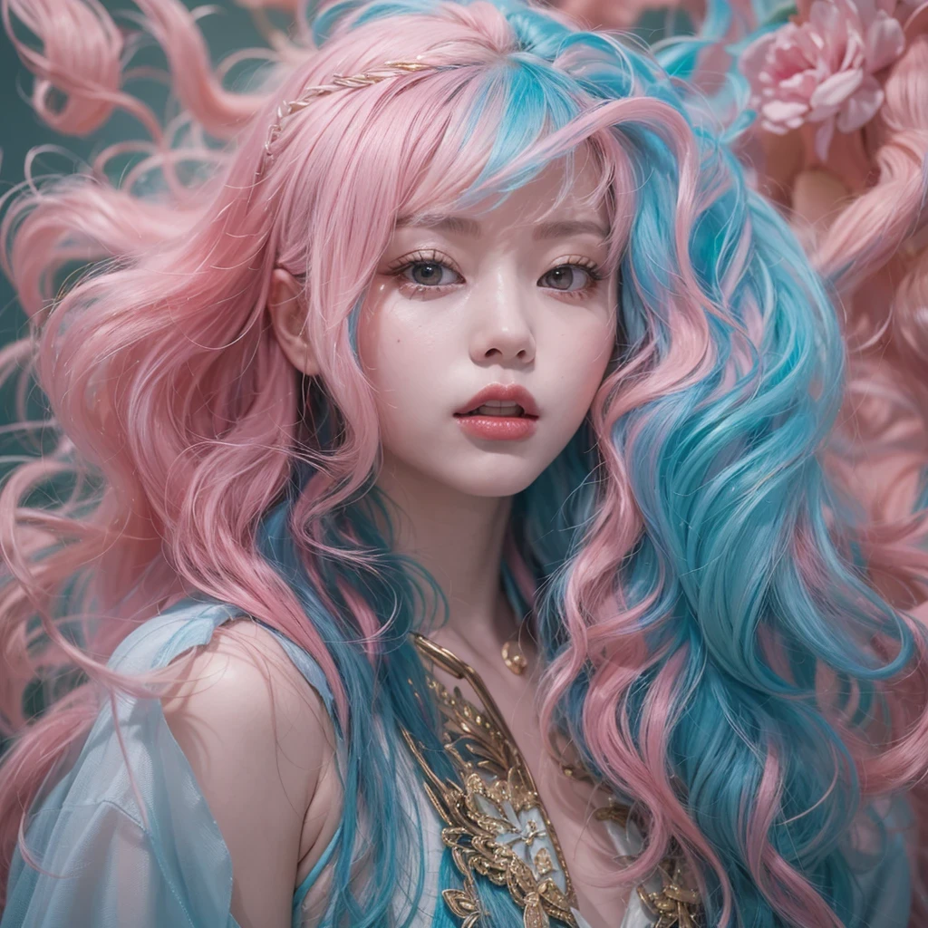 Goose pink blue color,enamel,agate,A flesh-colored world,Blood Blue Girl 32K(masterpiece,HD,Aoyama Pond,Ultra high quality,32)long flowing bright blue hair,blood pool,Ziddink, a color,Grumpy (After greeting), (Linen scarf), fighting stance, looking at the ground, Goose pink long hair, Floating bright blue, Fire cloud gold headdress, Chinese long-sleeved gold silk burgundy garment, (Abstract metaverse splash:1.2), White background,Peony flower vitality protector(粉realisticlying:1.4),bright purple hair,Smoke on the road,The background is very pure, high resolution, detail, RAW photos, Sharp Re, Nikon D850 film photo by Jefferies Lee 4 Kodak Portra 400 camera F1.6 guns, Rich pink shade, Ultra-realistic and vivid textures, dramatic lighting, Unreal Engine Art Station Trend, Sinest Powder 800,一个有着long flowing bright blue hair的女孩,Huge colorful bubbles鹅粉黄