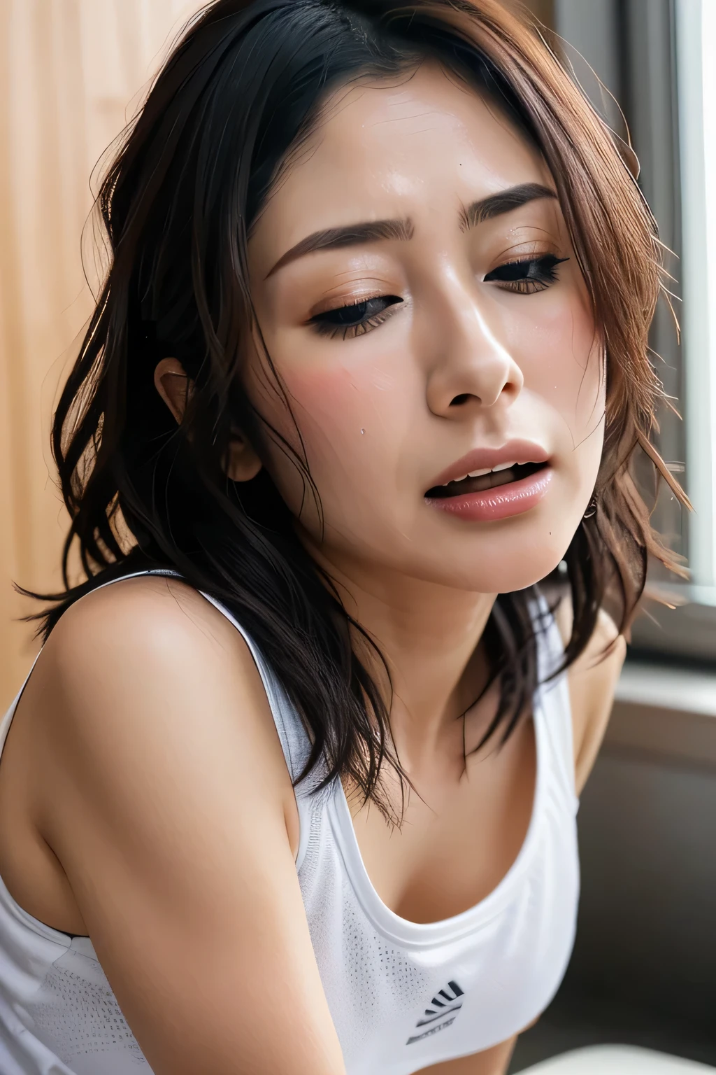 do, highest quality, (Highly detailed CG Unity 8k wallpaper), (highest quality),edge orgasm、faceフォーカス、woman with open mouth and closed eyes、woman with edge_face、30 years old、black hair、very small toilet、((Sweat) ),((Sweatで光る肌))((Sweatで光る鎖骨,Sweatで光るface)),（(Sweatだくの肌))((Sweatで濡れた肌)),