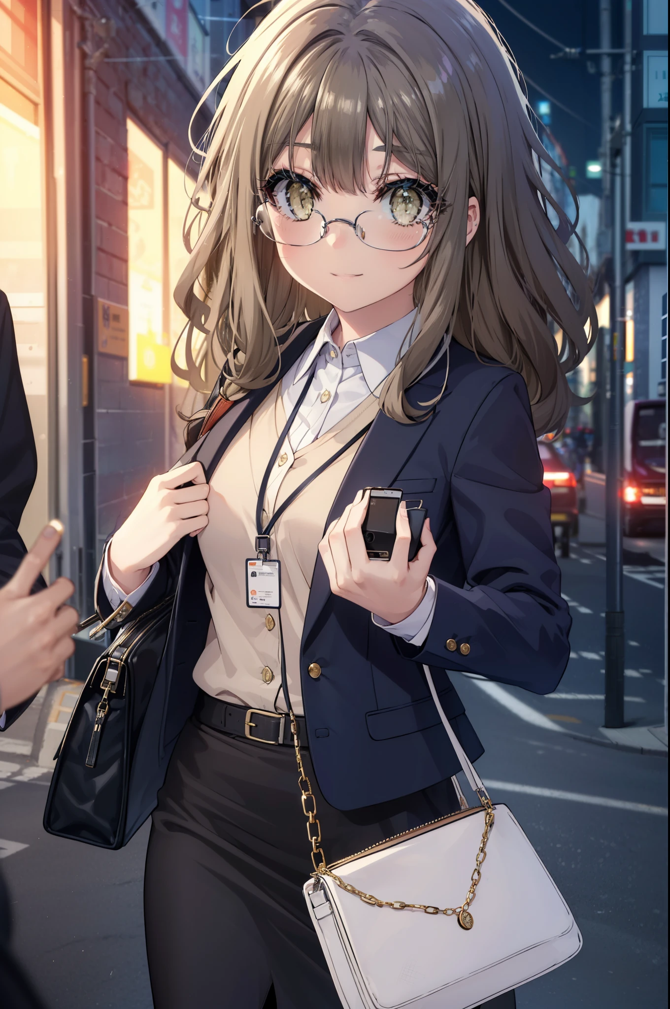 riofutaba, rio futaba, long hair, brown hair, (brown eyes:1.5), Glasses,smile,blush,
, OL,Braid, end, black suit jacket, collared jacket, white dress shirt, collared shirt, neckline, button, strap, ID card on the neck, black pencil skirt, black pantyhose, stiletto heels,business bag,smile, blush, looking at the viewer,sunset,夕方 
break outdoors, In town,building street,
break looking at viewer, 
break (masterpiece:1.2), highest quality, High resolution, unity 8k wallpaper, (figure:0.8), (detailed and beautiful eyes:1.6), highly detailed face, perfect lighting, Very detailed CG, (perfect hands, perfect anatomy),