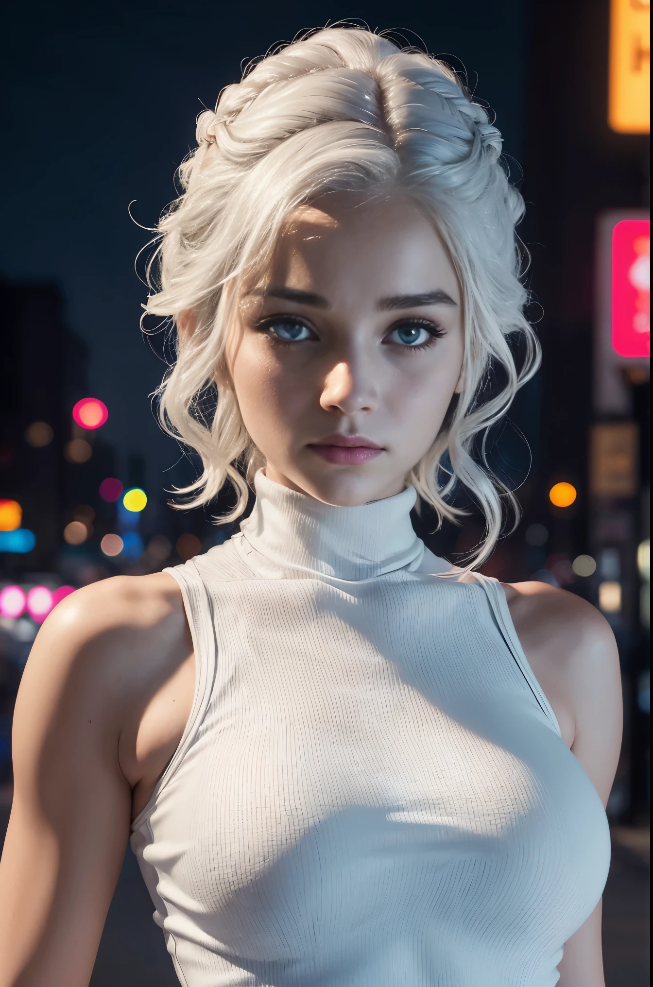 8K, HD, Neon, Retro, chic, portrait, Girl 23 years old, short pixie hairstyle white wavy hair, cute face, face looks like Daenerys, toned body, expressive breasts, elegant, white sleeveless turtleneck, blue trousers, Night, street, Neon, HD
