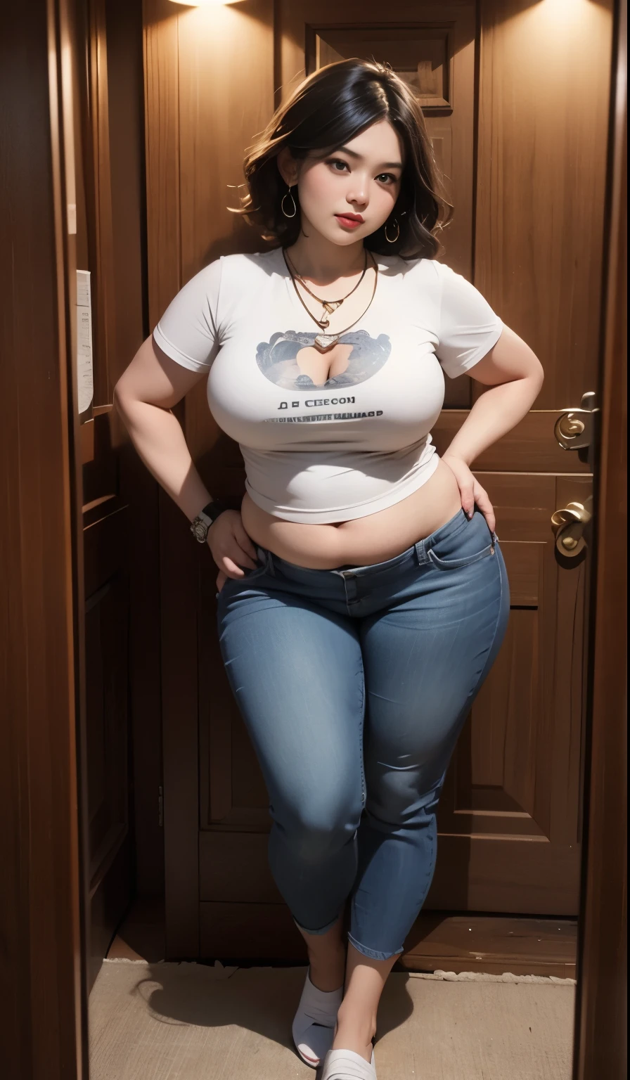 fotorealistisch, high resolution,portrait, Schwarzafrikanerin, 50 years old, medium overweight, oben ohne, small boobs, big belly, Jeans, kitchen, Sonnentag