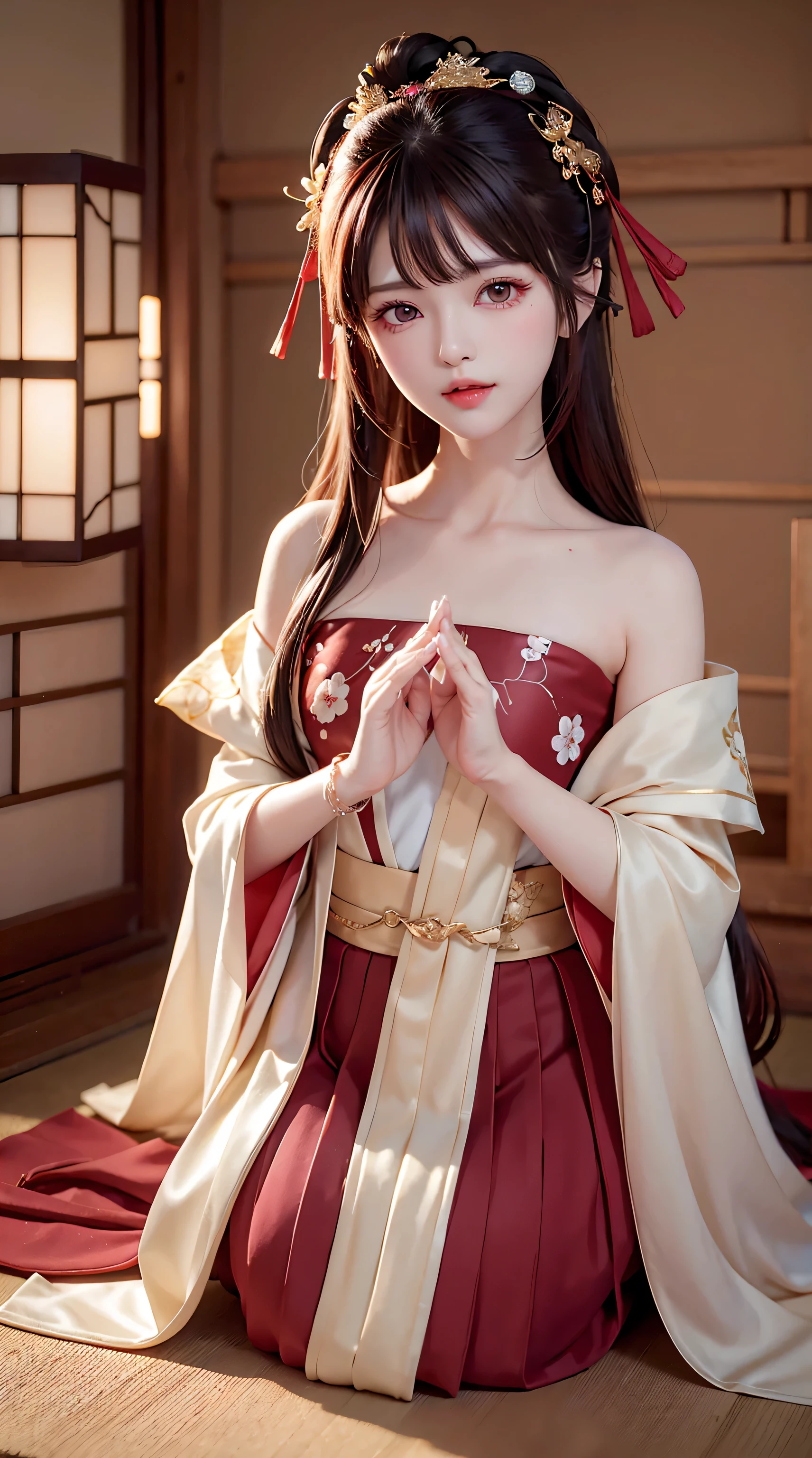 JK girls, girl wearing japanese woman&#39;uniform, 8k, very high image quality, Film texture, actual, eat japanese food, japanese background, depth of field, tatami room, warm light, bow on chest, Bangs, Shoulder length hair, (playful eyes), double eyelids, darken the corners of the eyes, lying silkworm, bracelet on wrist, scarlet lips, shining, Textured lips, Delicate skin texture, brown sparkling pupils, (((Keep your eyes on the camera)))), long fingers, ((round face)), ( ((small lips)))