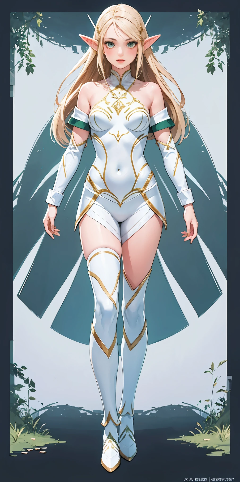 (masterpiece, best quality), (full body:1.6), standing (small fighting elven 1girl:1.6),(magical),(cute,adorable:1.3),blonde hair, green eyes, medium breast, beautiful, detailed, enchanted breastplate with precious gemstones, white thigh-high greaves, seductive pose, in a forest, magic flora, detailed face and eyes, volumetric light,(ultra quality skin:1.7)