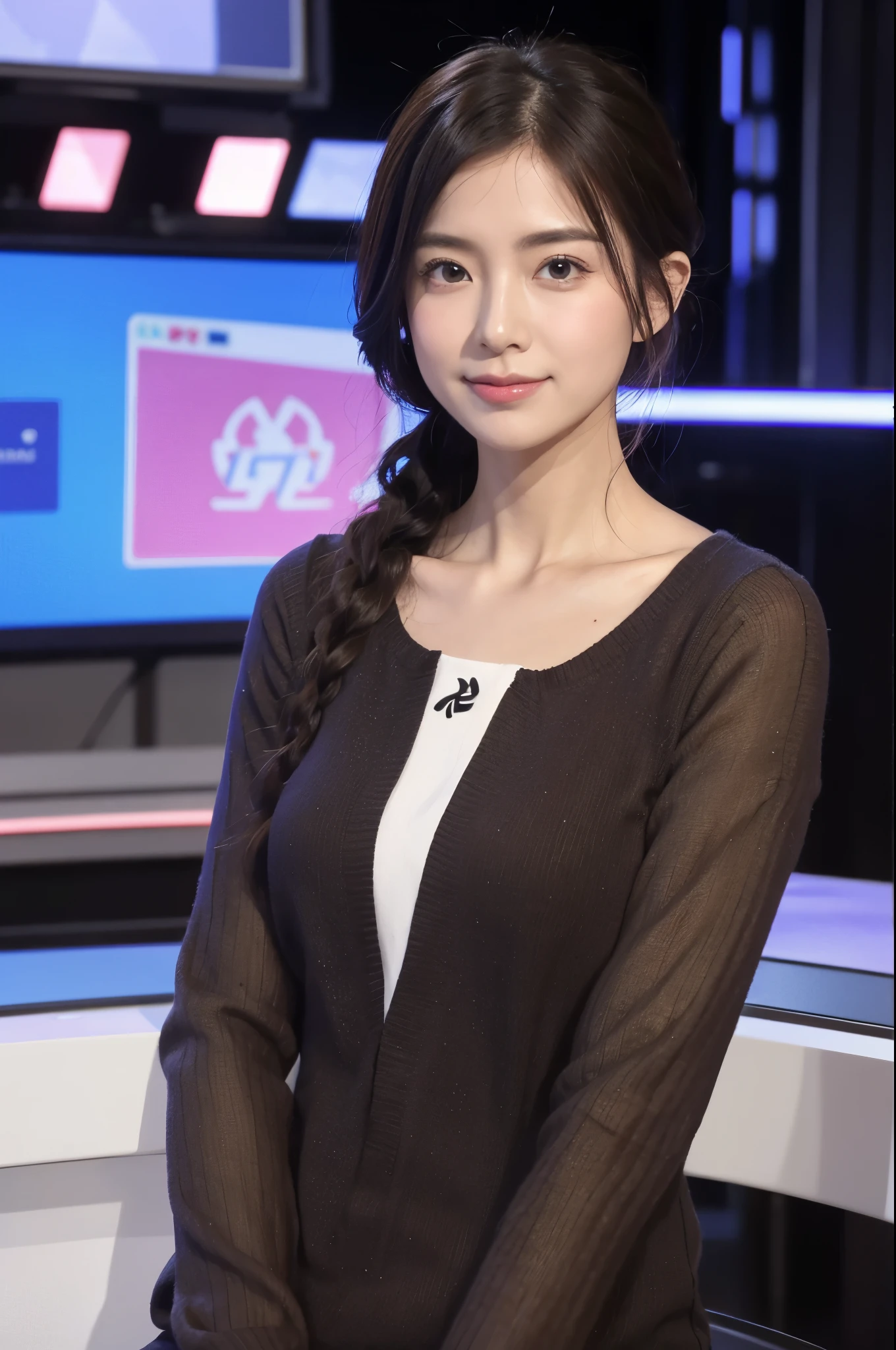 masterpiece, best quality, extremely detailed, hyperrealistic, photorealistic, a pretty announcer, a detailed studio, during the news program, sitting, ultra detailed face