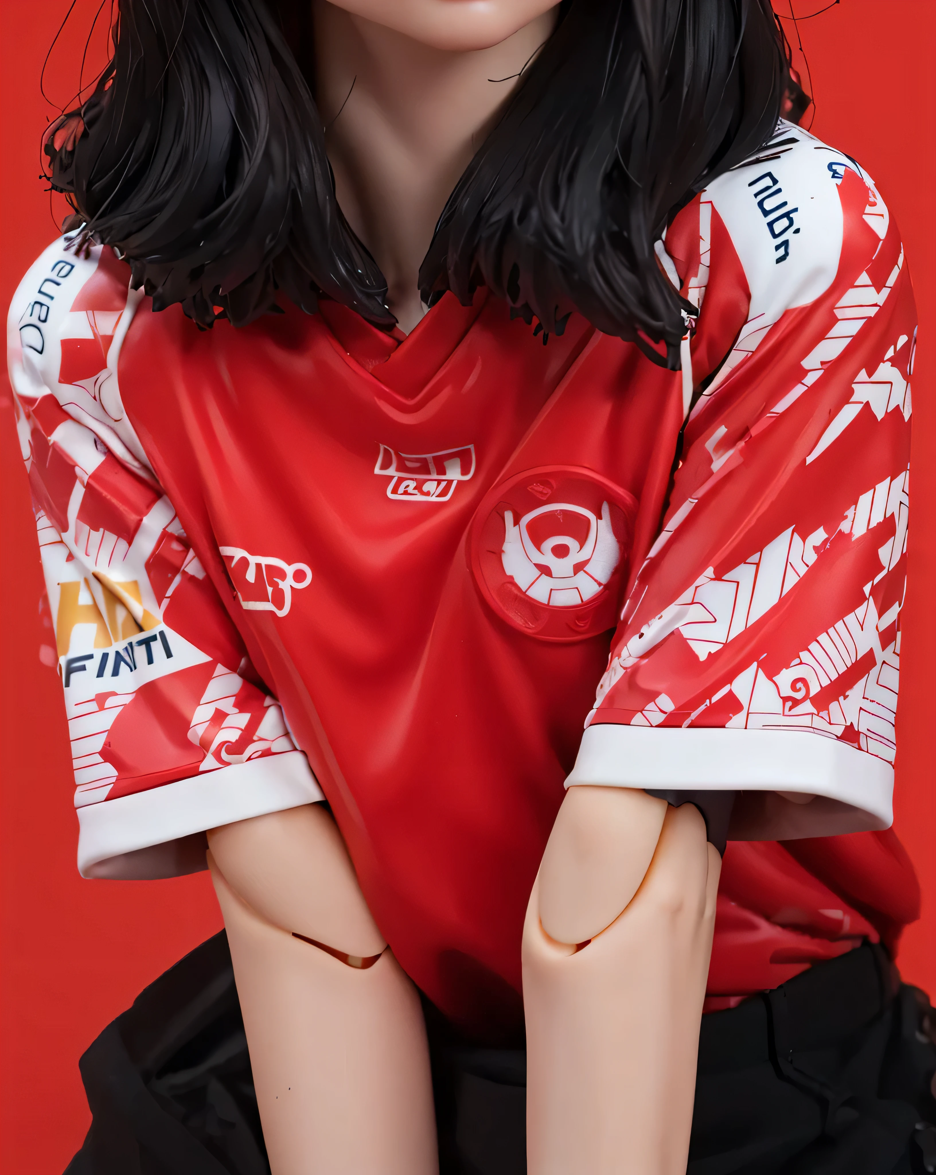 A detailed face action figure, A girl Action figure, an action figure of a girl wearing a red jersey and black pants, cute face Action figure, kiss lips, cute lips, asian face action figure, resin skin, resin statue, toys, resin skin, simple background