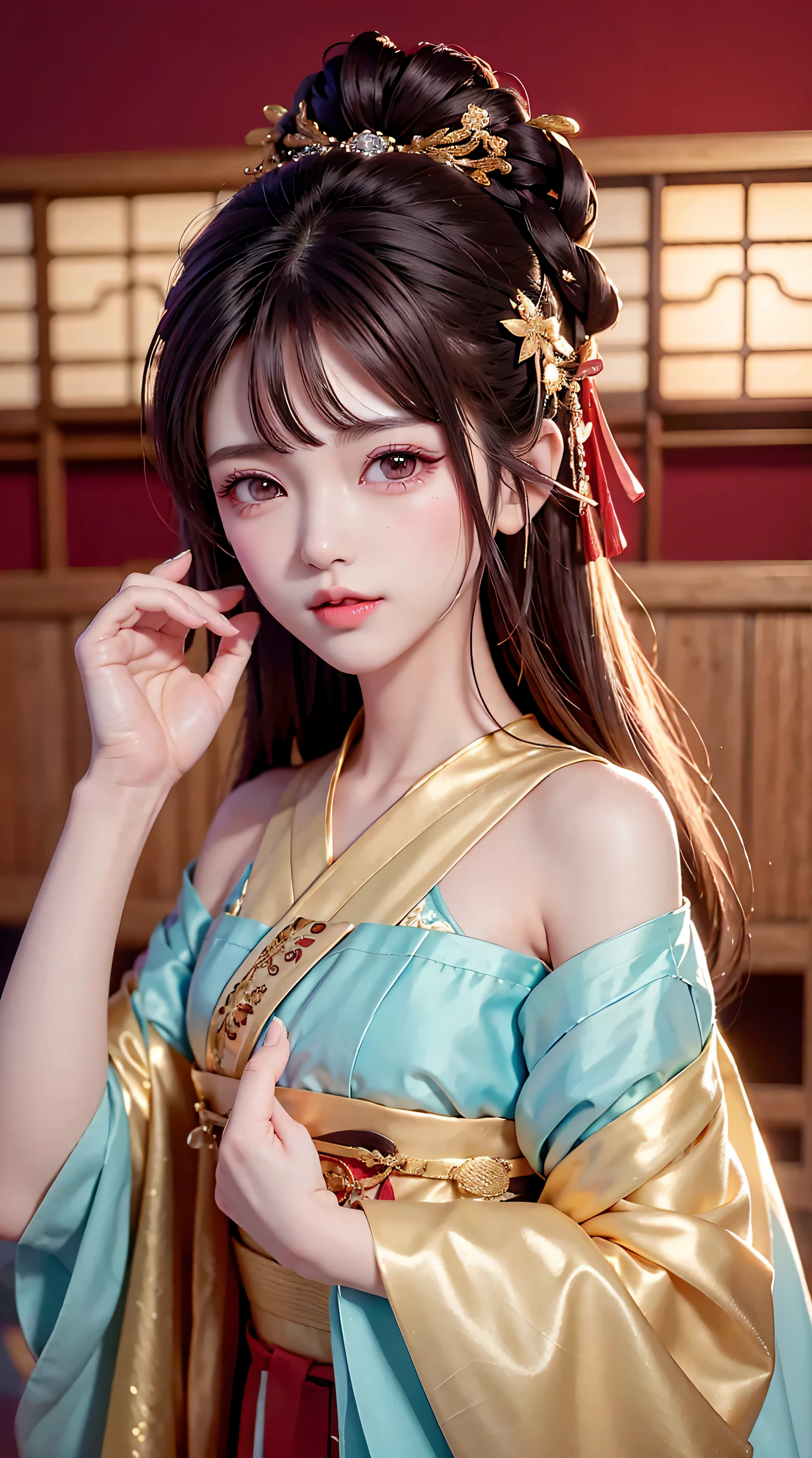 JK girls, girl wearing japanese woman'uniform, 8k, very high image quality, Film texture, actual, eat japanese food, japanese background, depth of field, tatami room, warm light, bow on chest, Bangs, Shoulder length hair, (playful eyes), double eyelids, darken the corners of the eyes, lying silkworm, bracelet on wrist, scarlet lips, shining, Textured lips, Delicate skin texture, brown sparkling pupils, (((Keep your eyes on the camera)))), long fingers, ((round face)), ( ((small lips)))