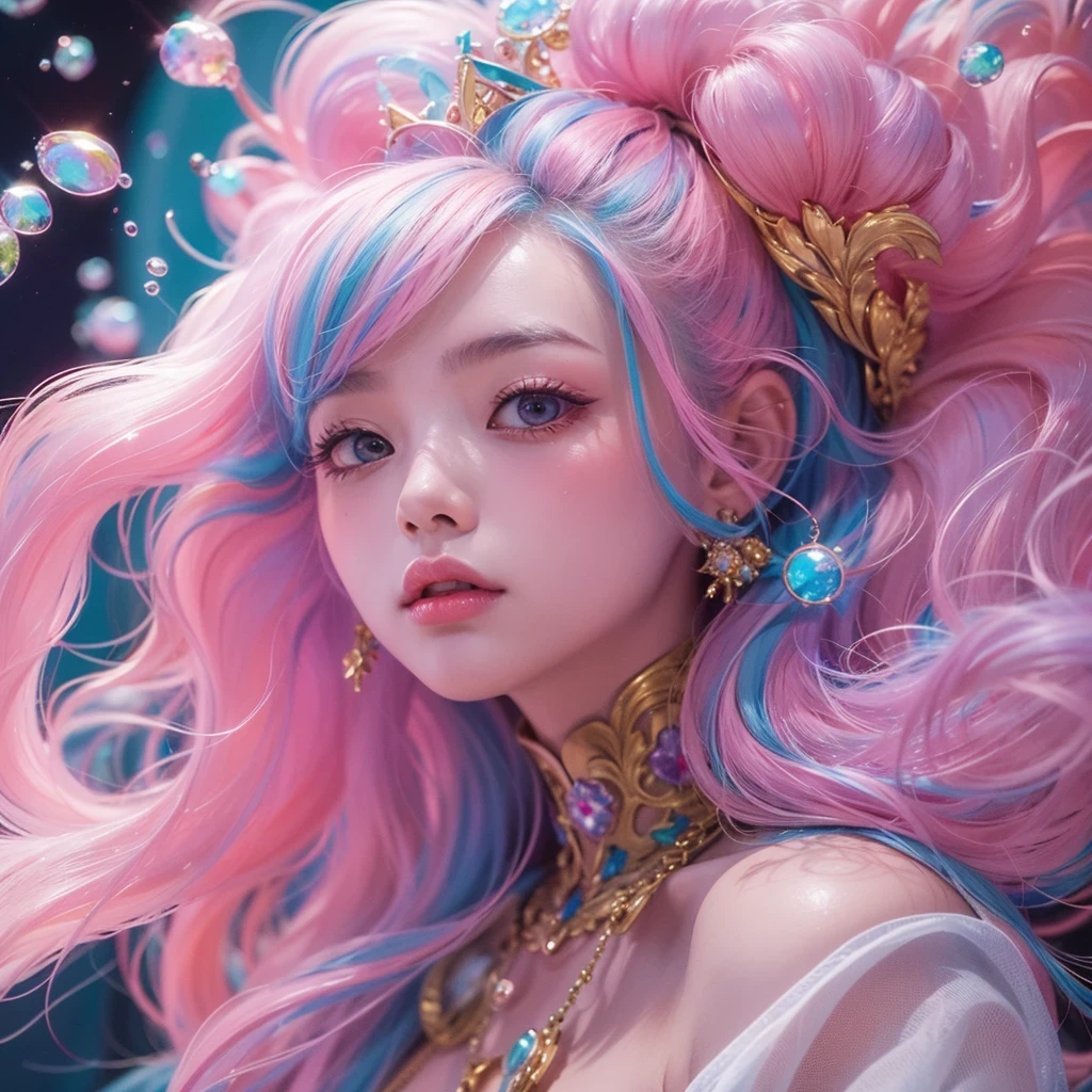 Goose pink blue color，enamel，agate，A flesh-colored world，Blood Blue Girl 32K（masterpiece，HD，Aoyama Pond，Ultra high quality，32）long flowing bright blue hair，blood pool，Ziddink， a color，Grumpy （After greeting）， （Linen scarf）， fighting stance， looking at the ground， Goose pink long hair， Floating bright blue， Fire cloud gold headdress， Chinese long-sleeved gold silk burgundy garment， （Abstract metaverse splash：1.2）， White background，Peony flower vitality protector（粉realisticlying：1.4），bright purple hair，Smoke on the road，The background is very pure， high resolution， detail， RAW photos， Sharp Re， Nikon D850 film photo by Jefferies Lee 4 Kodak Portra 400 camera F1.6 guns, Rich pink shade, Ultra-realistic and vivid textures, dramatic lighting, Unreal Engine Art Station Trend, Sinest Powder 800，一个有着long flowing bright blue hair的女孩，Huge colorful bubbles鹅粉黄