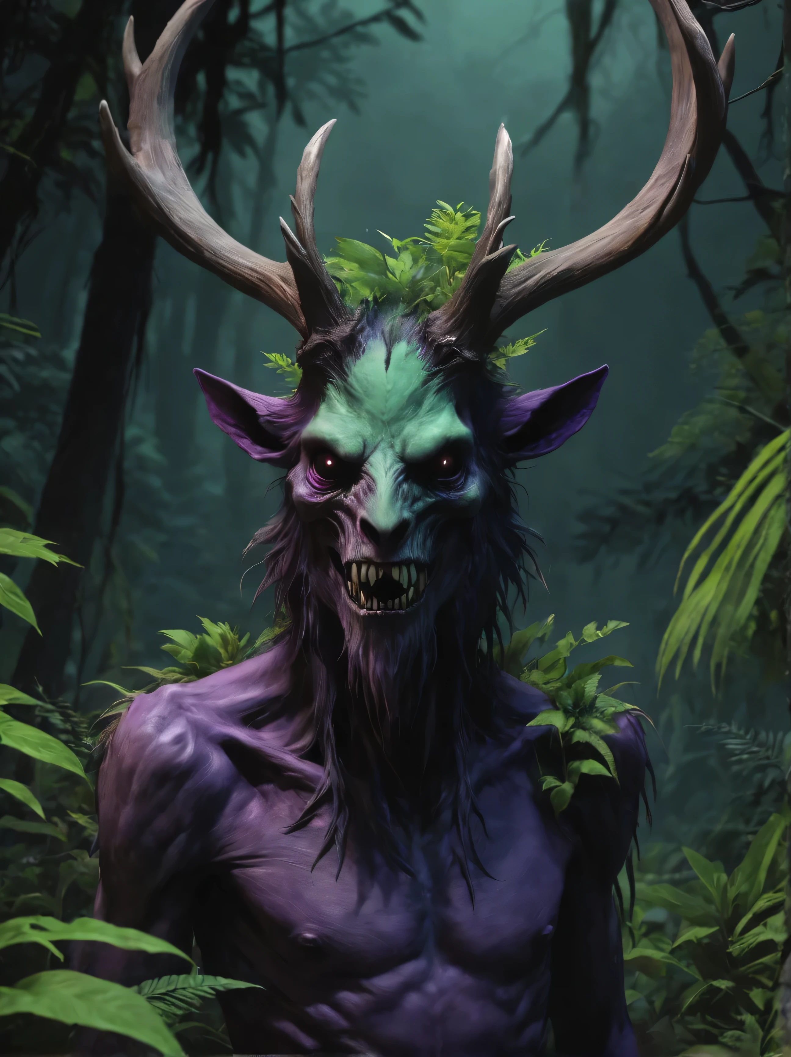 Wendigo, A close-up portrait of a character made out of life|death. green and purple colors dominate the composition. jungle wasteland nighttime, Inspired by the work of Qiu Ying, high saturation detailed