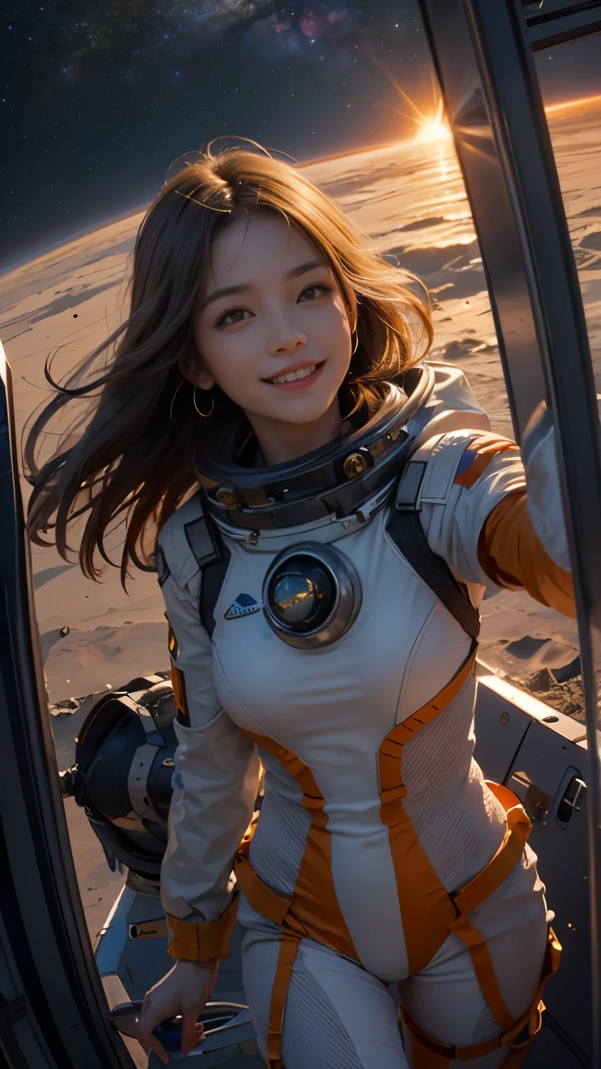 xxmixgirl,1girl, fisheye, selfie, wind, messy hair, sunset,smiling,FilmGirl, Generate a lively and enchanting scene portraying a girl with flowing hair, radiating joy in a orange spacesuit. Picture her inside a futuristic spacecraft, capturing a moment of pure enthusiasm as she takes a selfie. planet mercury and huge sun visible in the background. The spacecraft's interior is sleek and modern, adorned with high-tech elements and large windows that offer breathtaking view of planet mercury from space in vast expanse of space galaxy, The girl's genuine smile reflects her excitement as she embarks on a journey to amercury, showcasing the adventurous spirit of space exploration, orange space suit. show case large burning sun in background