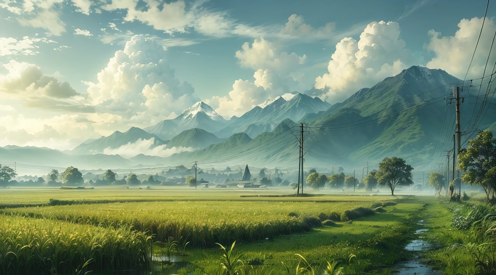 (masterpiece, best quality, photorealistic, ultra-detailed:1.2), big paddy field, mountain range, sky, clouds, village area, visible old electrical posts and wires, quiet morning, perfect illustration, pbr, hdr, 8k, uhd