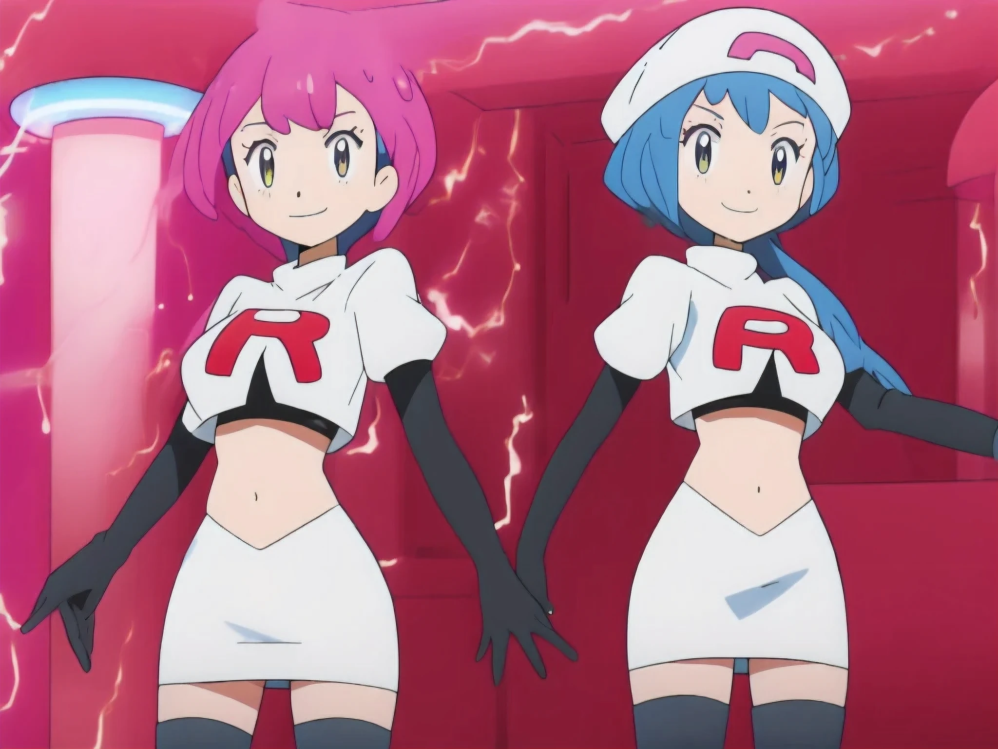 8k, anime screencap,1girl in, (solo:1.1), (perfect body:1.1), (best quality:1.1), very large breast, team rocket uniform, red letter r, white skirt,white crop top,black thigh-high boots, black elbow gloves, evil smile, looking down at viewer, hands on hips,zettai ryouiki,cowboy shot