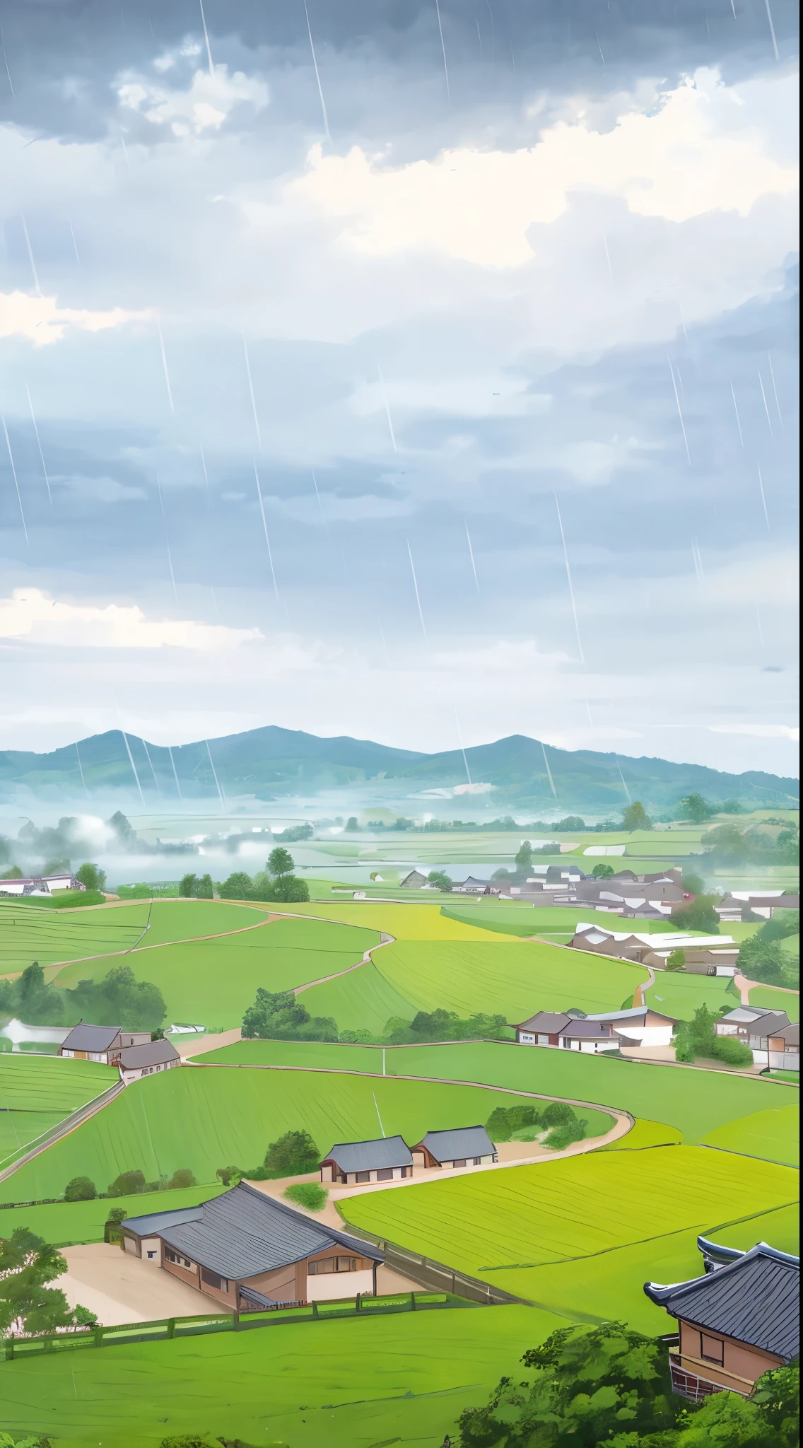 Tano painting,Distant village background,rain，Ching Ming Festival，cloudy day，swallow在空中飞翔，group of houses，farmland，Foreground leaves，swallow