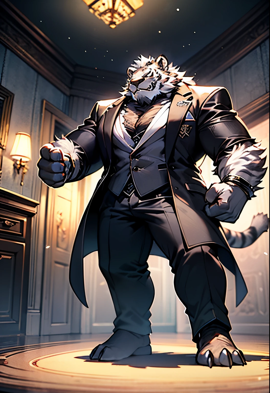 hairy, gray fur, glowing hair, hairy, night, Inside the villa，white tiger orc, hairy, white tiger orc, full-body shot, With accessories, Cold and fierce，two-dimensional,meat, strong figure，wearing black suit