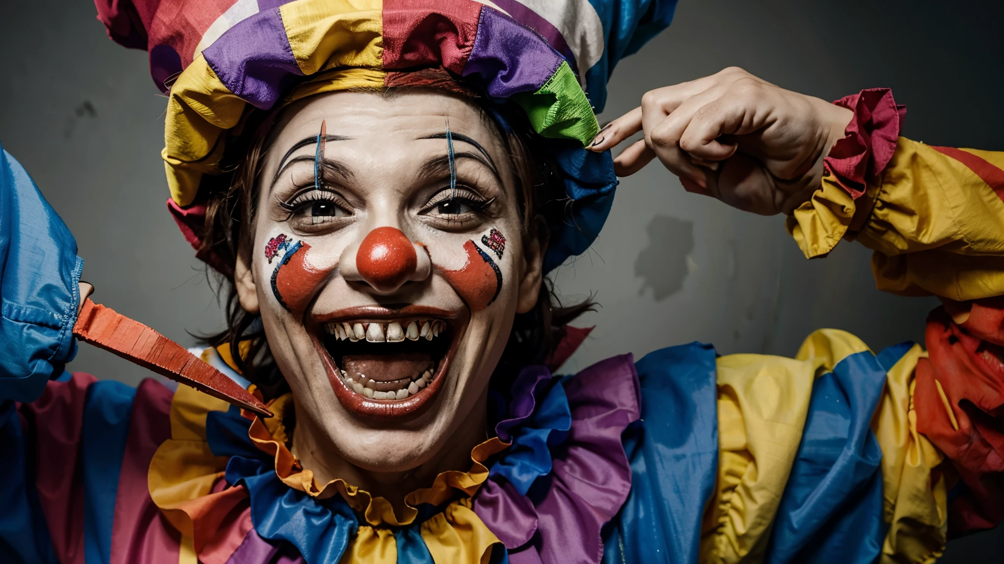 an extremely happy clown with sharp teeth