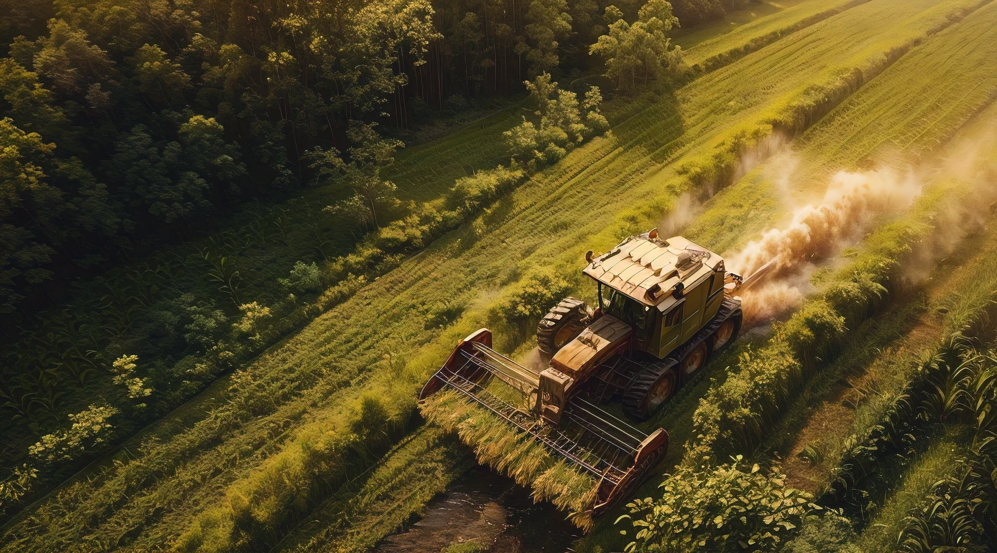 (masterpiece, best quality, photorealistic, ultra-detailed:1.2), shot from above, a harvester vehicle collecting paddy from a paddy field, detailed machinery, afternoon, natural light, perfect illustration, pbr, hdr, 8k, uhd