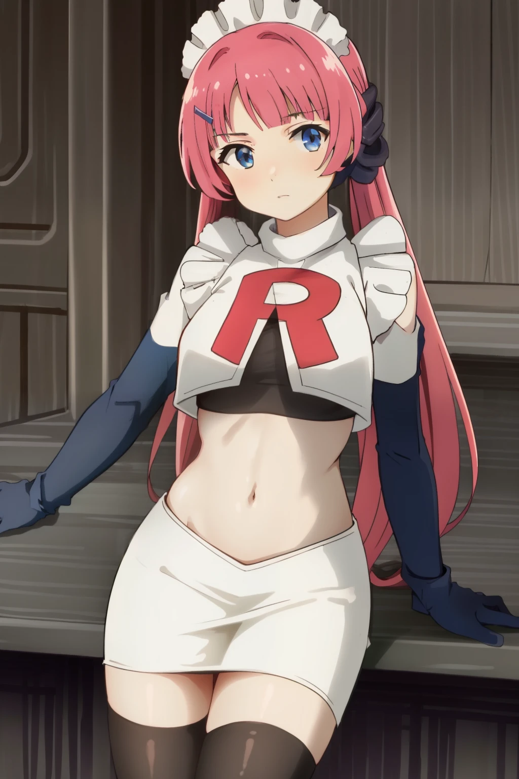 hntsadl_rose, hairclip,maid headdress,team rocket,team rocket uniform,white skirt,red letter R,crop top,black thigh-highs,black elbow gloves, BREAK looking at viewer, cowboy shot, 1girl, solo, high contrast, sharp focus, masterpiece, best quality, highly detailed, HDR, highest quality, highres, sharp focus, 8k, 16k, skin pores, dynamic lights, realistic shadows, best shading, award winning masterpiece