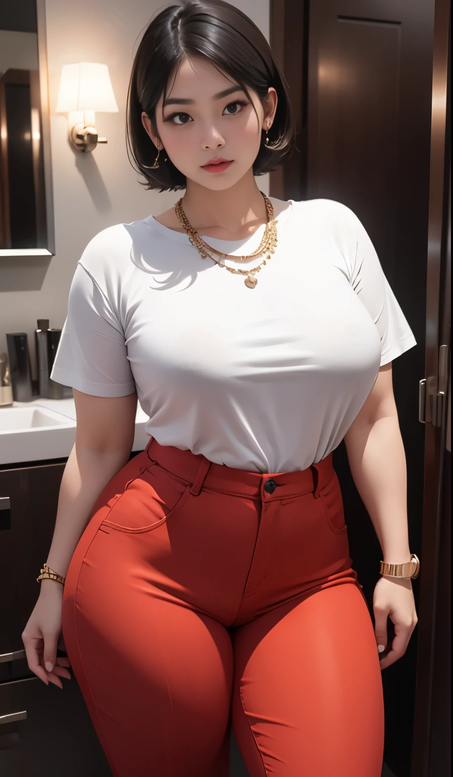 Indonesian woman, thick body, cold atmosphere , thick cheeks , full body , random pose, wavy short hair , thick hips, 40 years old , slightly fat arms , slightly fat belly ,t-shirt and thick thighs pants, wearing bracelet ,wearing huge diamond necklace , watch , hena art on her skin, dark clothes , voluptuous and arousing, portrait shot, curvy model, voluptuous body, wonderful .