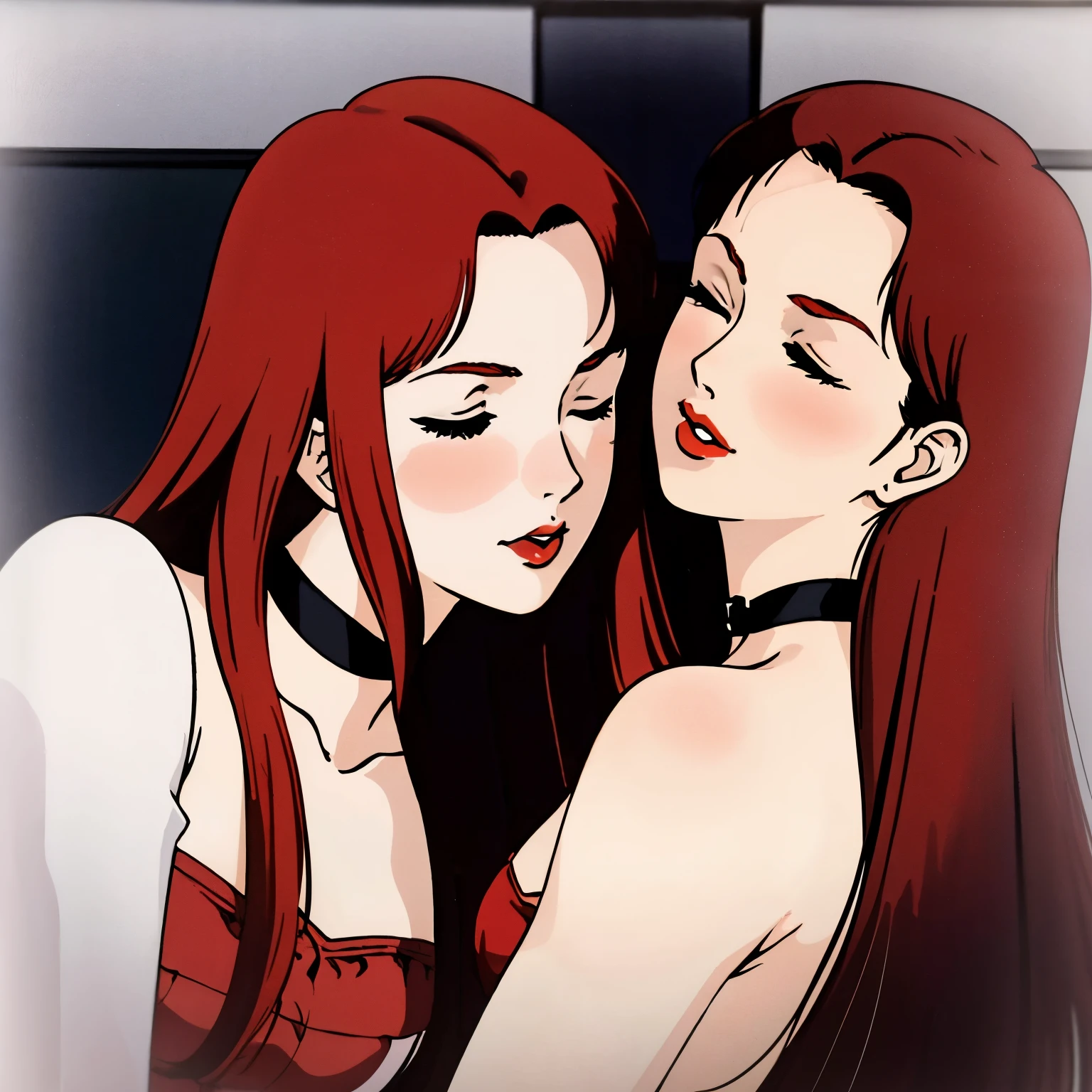 masterpiece,high quality,highres,nsfw, christinamackenzie,2girls, bedroom, facing camera, thin body, arched back, curved butt, belly, black corset, kiss mouth, pucker kiss,smooch kiss, horny, closed eyes, (red lips:1.0), choker, face blush, (pale skin:1.2), long hair,parted bangs,red hair,green eyes,