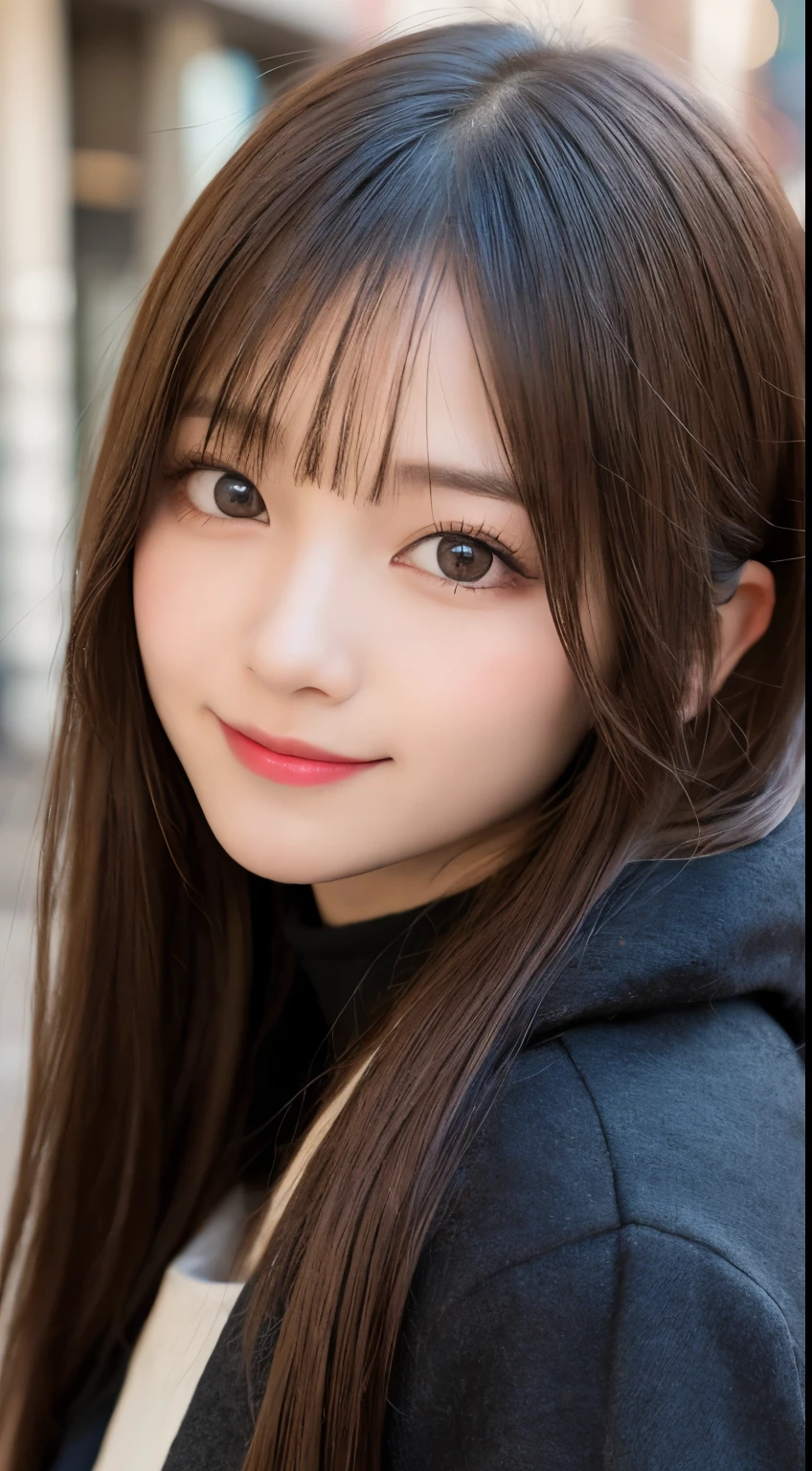 table top, highest quality, shape, Super detailed, finely, High resolution, 8k wallpaper, 完璧なダイナミックな構shape, beautiful and detailed eyes, tokyo trend冬ファッション,tokyo trend&Introducing cute hairstyles at random, small breasts, natural color lip, random sexy pose,cute smile,20 year old girl、beautiful and detailed face、perfect and beautiful face,Big eyes、Wear fluffy black outerwear with fur、beautiful and detailed face、perfect and beautiful double eyelids、blur the background、perfect and beautiful face、Feminine poses、blur the background、slim face and style、blur background