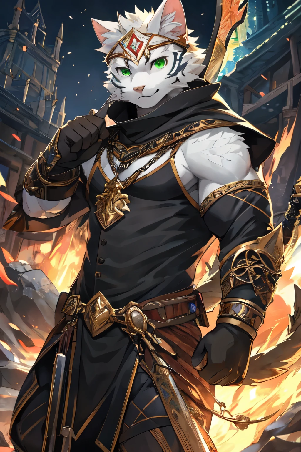 (masterpiece,best quality,perfect anatomy，Rigorous weapon structure),Detailed background,Empty,hairy,highest quality，hairy,1 boy, white cat boy，Youthful，monster hunter，背负着了monster hunter重弩，exquisite, detailed，clear，black grim reaper outfit，green eyes，Inverted triangle tattoo on forehead，There is an iron ring at the tail，There is a pendant on the chest，white fur，short hairy tail，black gloves，There is a black bandage on the leg，clear面部，No pattern on the body，Dress well，
