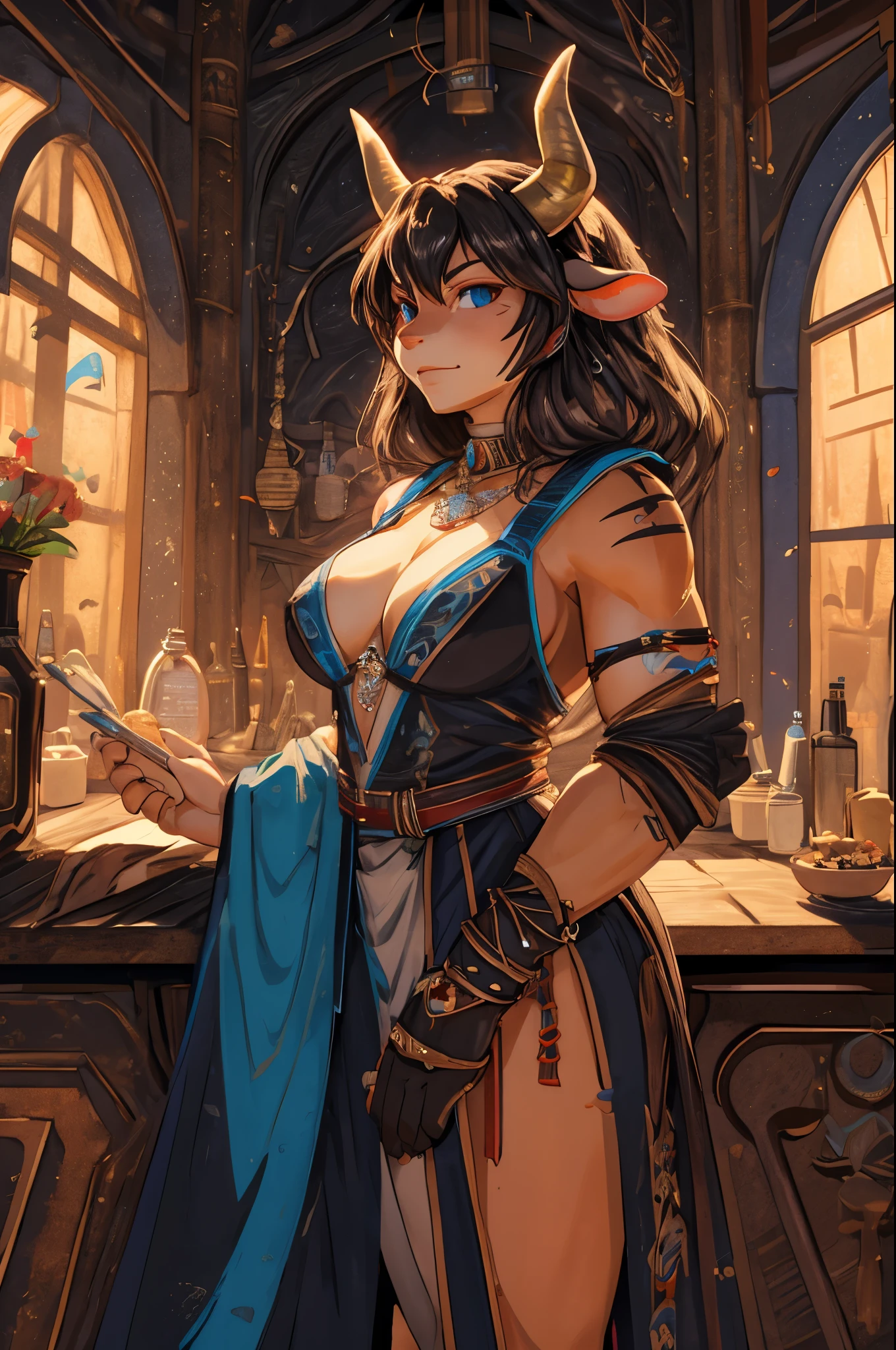 (8k, RAW photo, best quality, masterpiece), (1girl:1.5), a detailed character portrait, clearly worked out detail, (taurus, cow), (warrior, barbarian), ((muscular, cute face, breasts)), fantasy hobo ripped clothes, rpg, dnd, lithe, intricate, cinematic, natural lighting, anime, MAPPA style, raytracing, detailed face, high resolution, (ultra detailed)