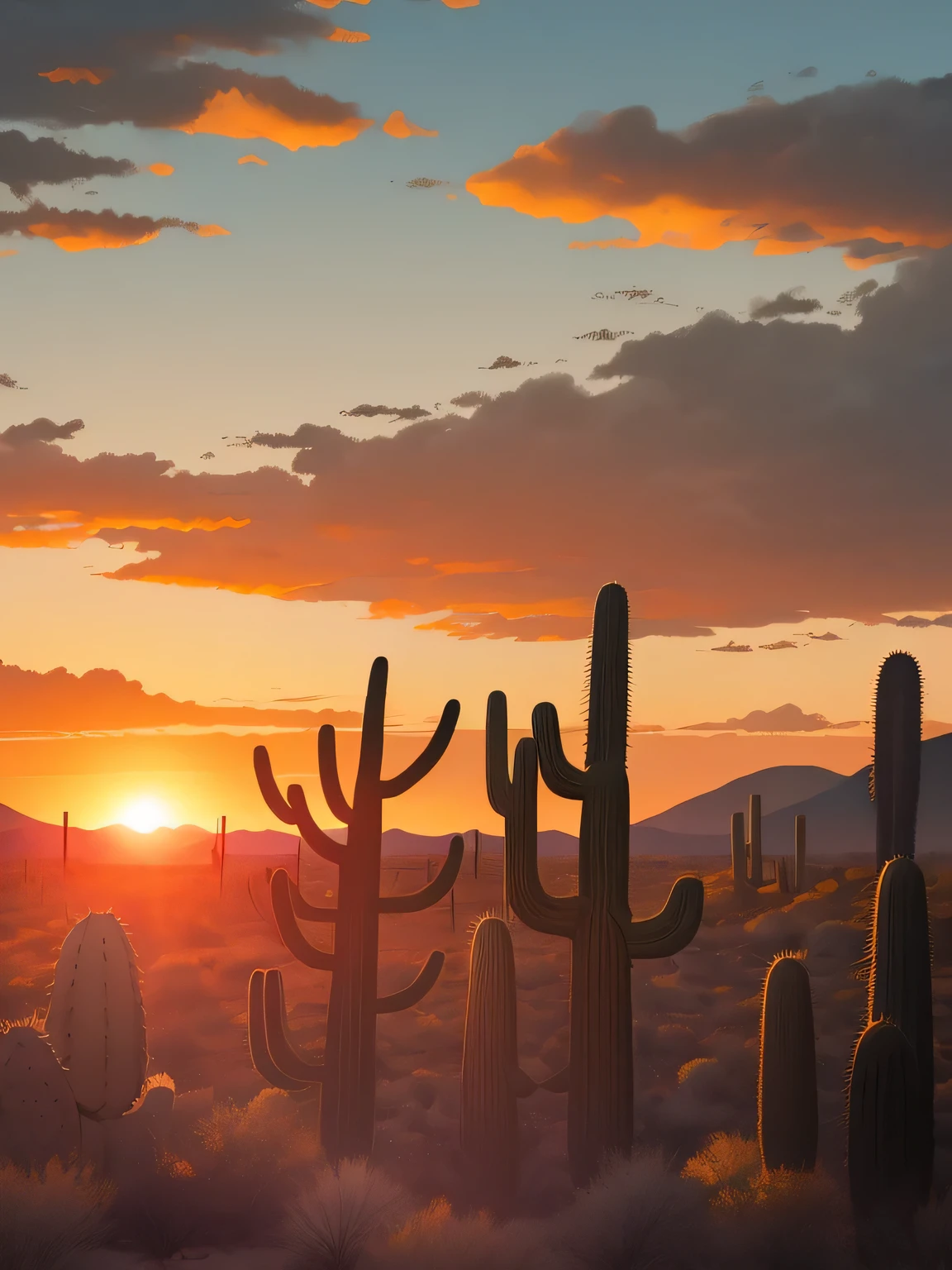 Vector-Style illustration of Saguaro National Park in Arizona USA + view from above during sunset with bright intense red, orange, yellow and blue colors in sky, sunset reflecting on cacti, landscape features several tall saguaro cacti standing form and tall at varying distances , sporadic 
desert like weeds and growth cover surface+ photorealistic + hyper realistic + hyper detailed + hdr + fxaa + 8K vibrance