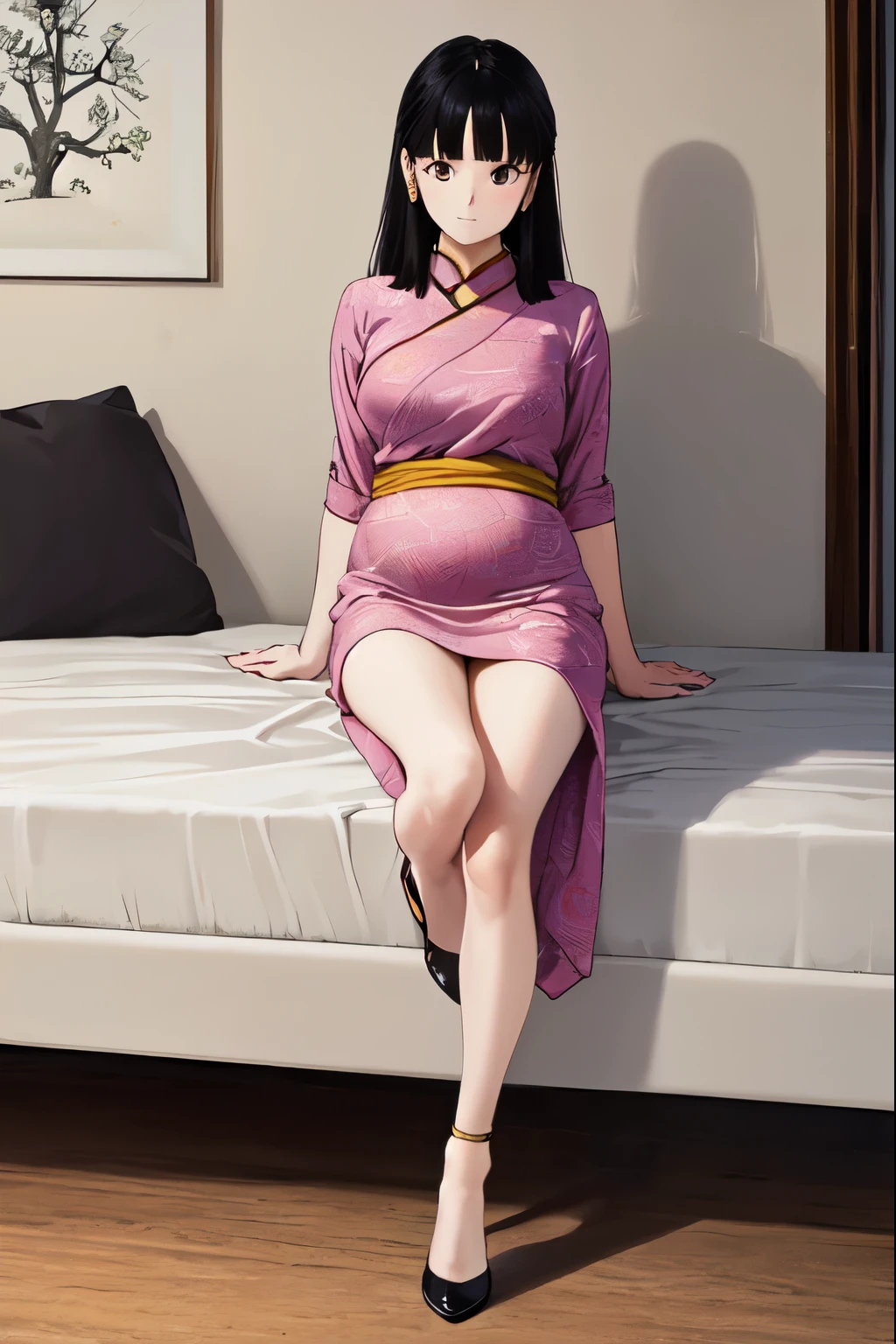 (best quality,4k,8k,highres,masterpiece:1.2),ultra-detailed,(realistic,photorealistic,photo-realistic:1.37),Madura, chi-chi, Dragon Ball Z, pregnant, medium-sized breasts, slender legs, posing in various positions, sexy clothes, luxurious room, detailed facial features, intense eyes, glossy lips, long eyelashes, radiant skin, confident expression, beautiful hairstyle, flowing locks, fashionable outfit, high heels, elegant posture, dynamic poses, vibrant colors, intricate patterns, artistic illustration style, soft lighting, exquisite details, stylish decor, elegant furniture, ornate chandeliers, reflective surfaces, plush textures, delicate fabrics