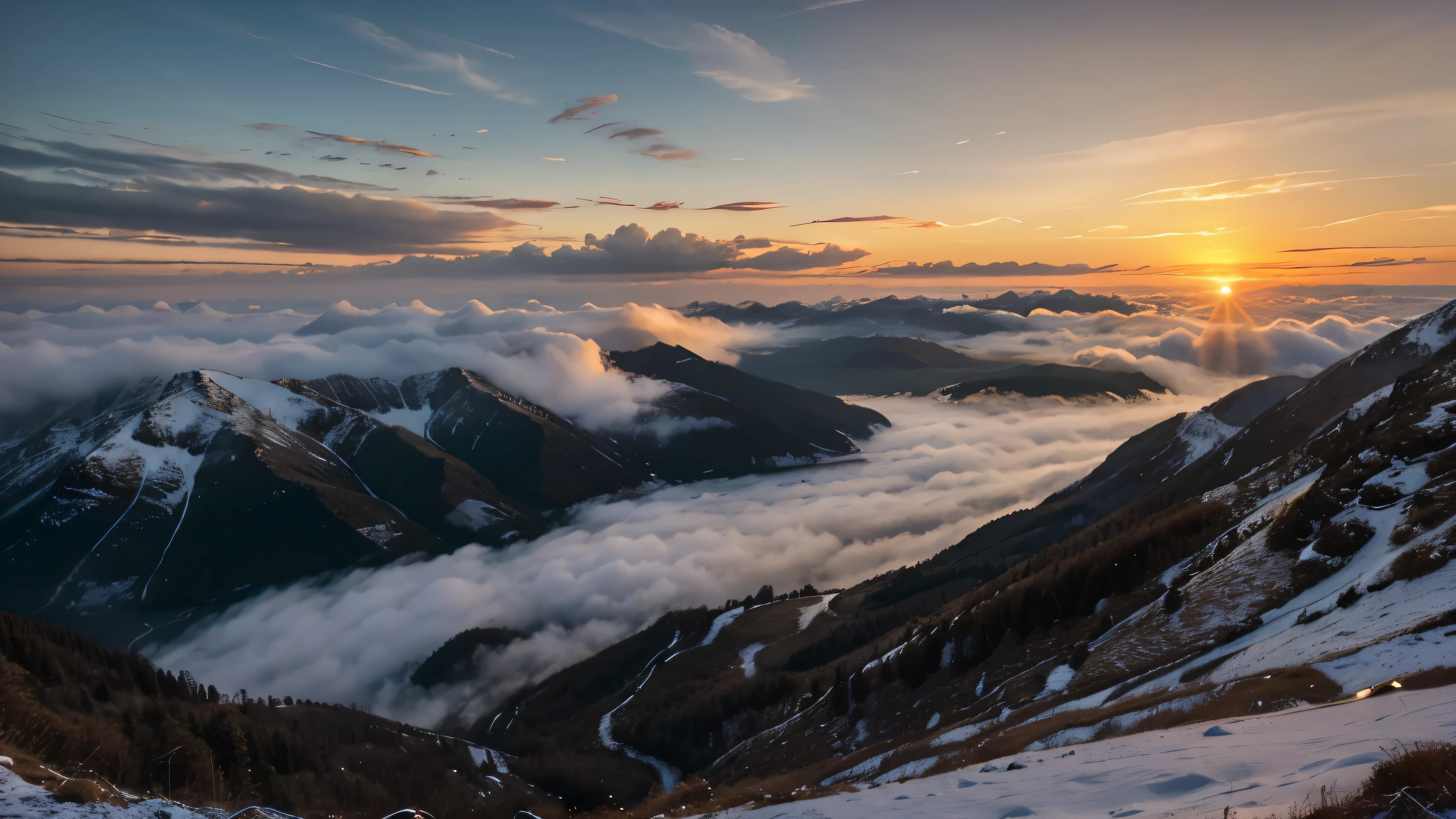 sunset over the sea sunset, terrain, mountain, sky, nature, sunrise, mountains, clouds, sun, cloud, sea, fog, hill, water, morning, watch, dawn, valley, tourism, horizon, ฤwatchหนาว, light, snow, beautiful, ฤwatchร้อน