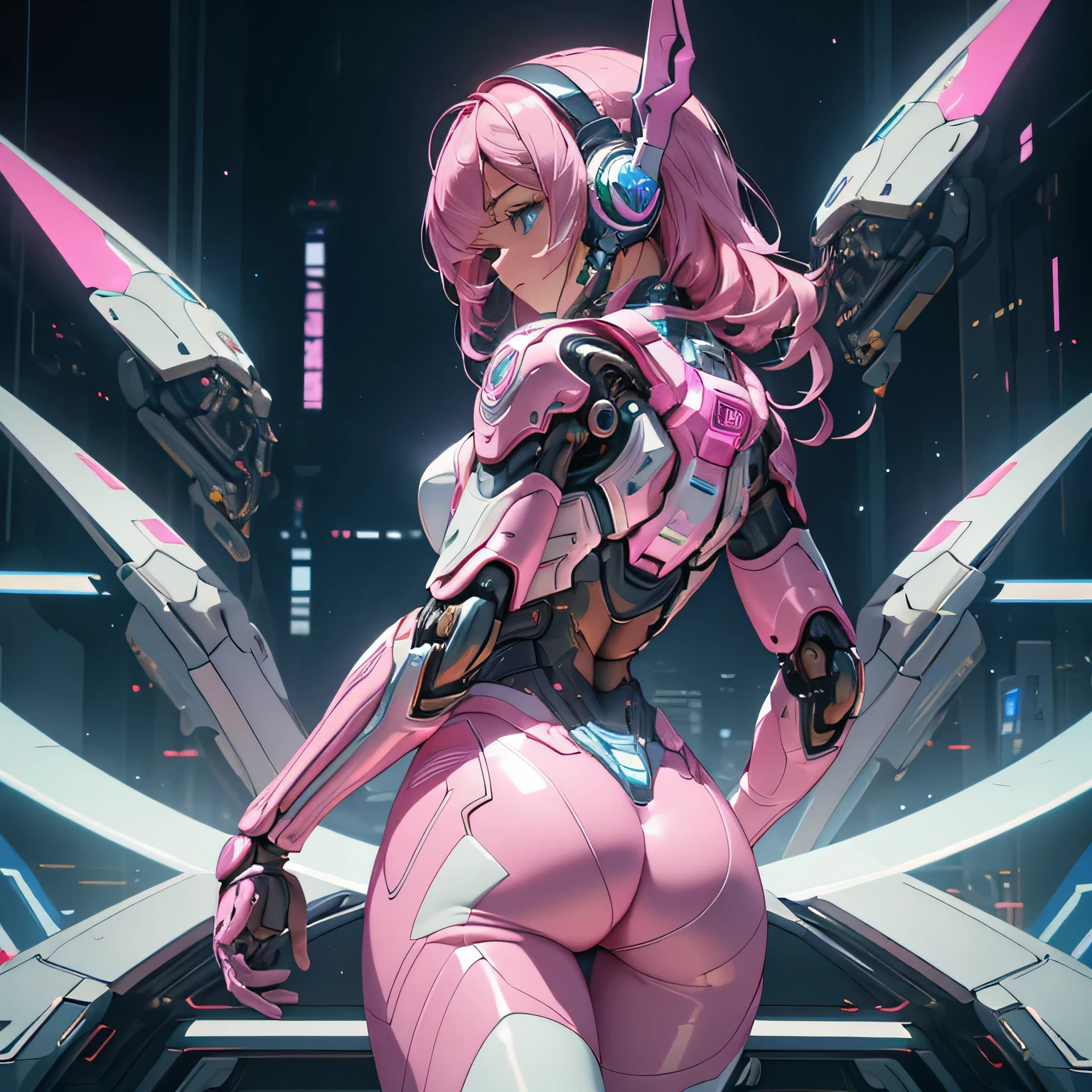 (highest quality、masterpiece)、(Super detailed)、Very detailed CG、8k、unreal engine、3D rendering、beautiful mechanic、((high contrast))、(High chroma)、((very delicate and beautiful))、reflected light、highly detailed background、(cyber punk、machine city、future city)、One is femininely correct))、pink hair、shortcut、big mechanical cat ear headphones、beautiful and delicate hair、(detailed beautiful eyes、detailed beautiful face)、highly detailed skin、gloves、pink and white cyber suit、Very shiny cybersuit、((cowboy shot))、dance、Backlight、view audience